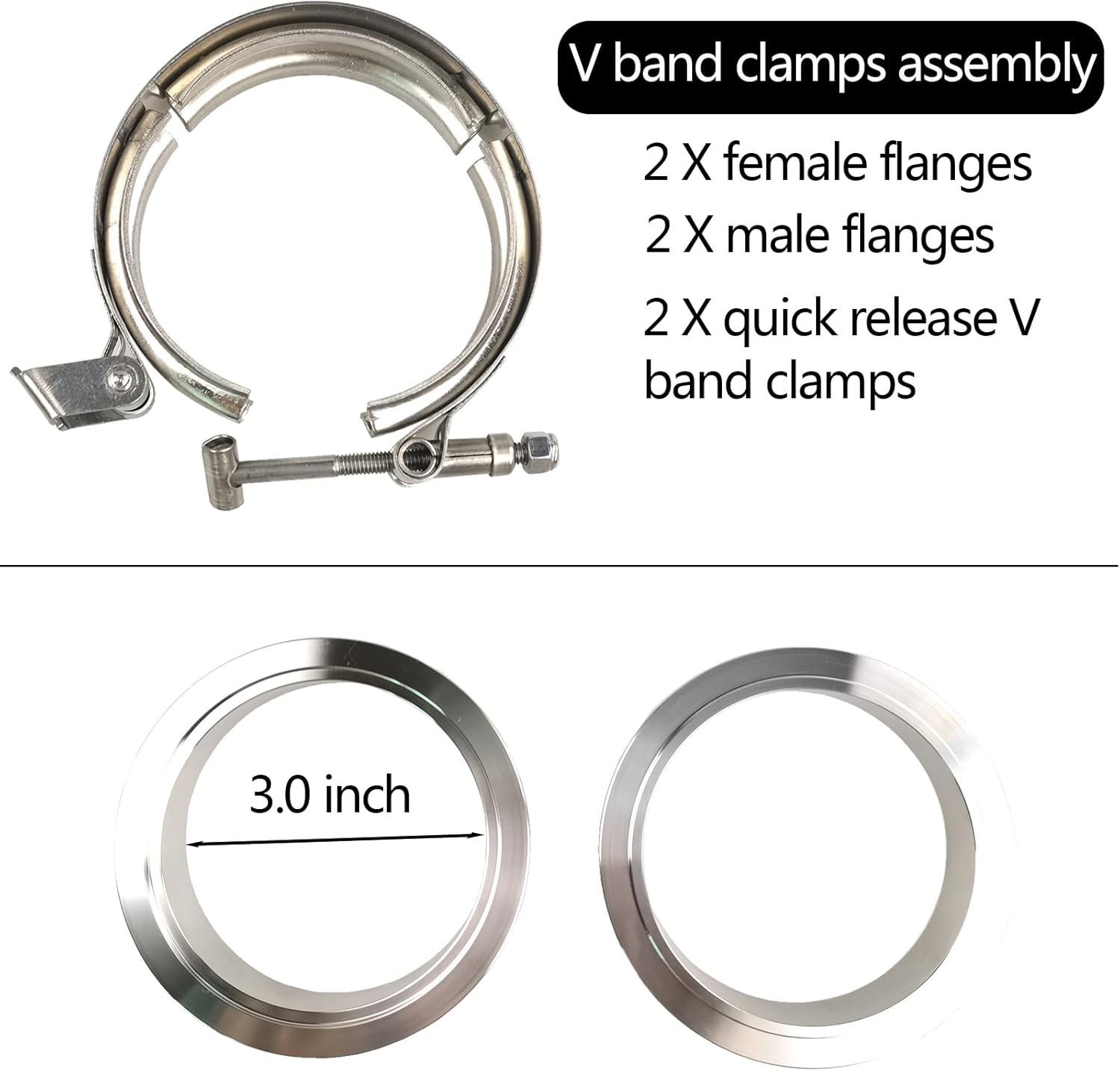 2 X 3 inch Quick Release V Band Clamp with Male Female Flanges 304 Stainless Steel for Turbo Downpipes, 2 Pack