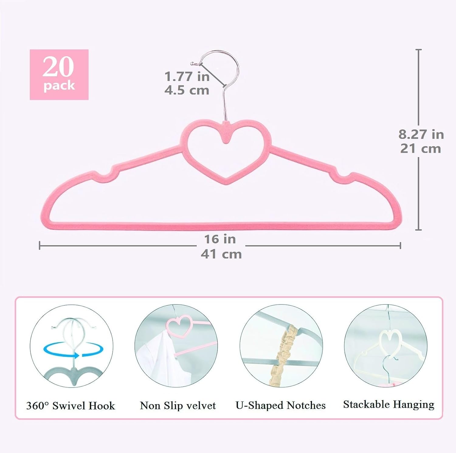 Velvet Hangers 20 Pack, 16" Non Slip Adult Hangers, Slim Clothes Hanger with 360 Degree Swivel Hook - Durable & Cute for Coats, Shirts, Dress Pink