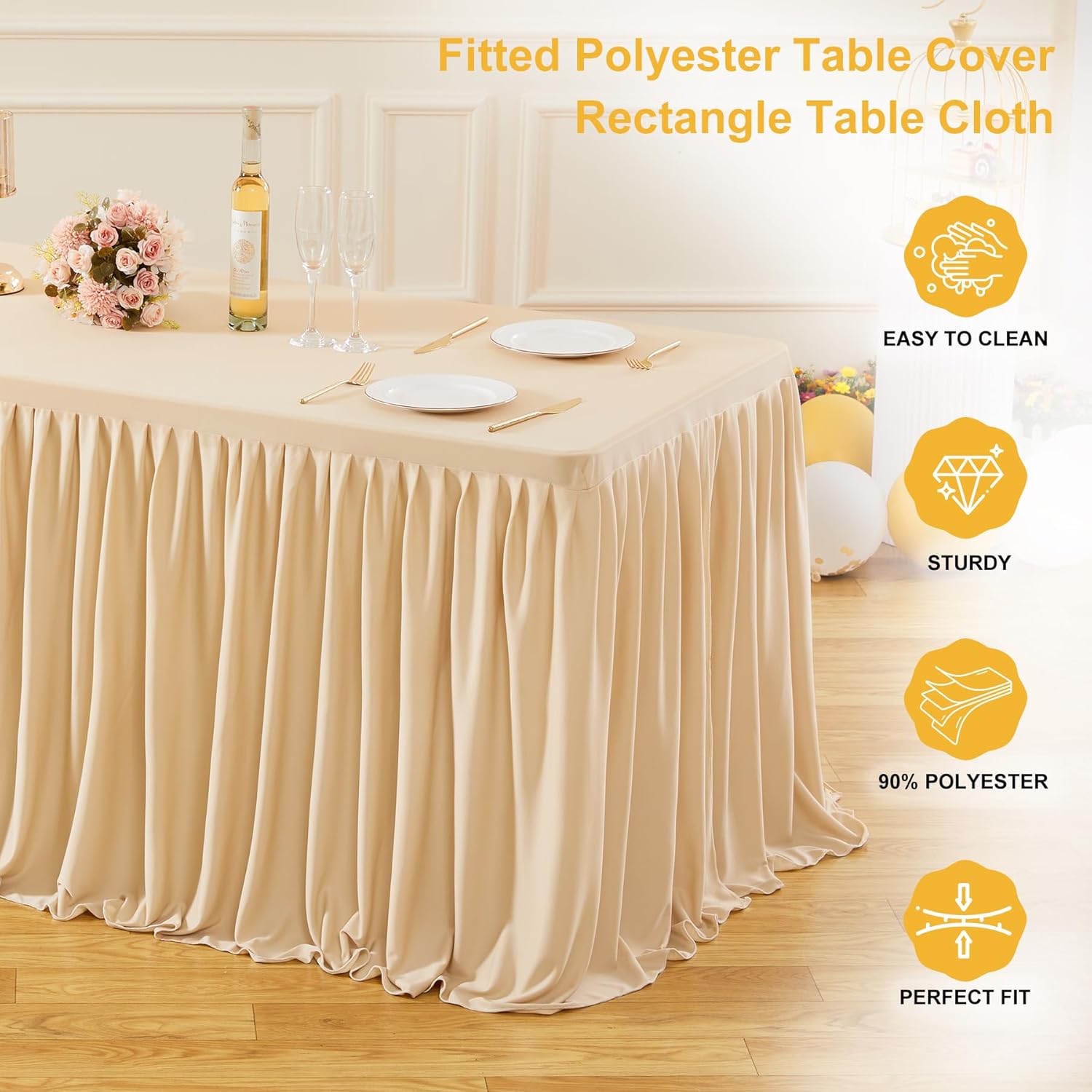 2 Pack Champagne Rectangle Table Clothes for 6 Foot Tables, Polyester Fitted Tablecloths 6t Stretch Table Cover for Wedding, Birthday, Parties, Trade Show, Craft Show