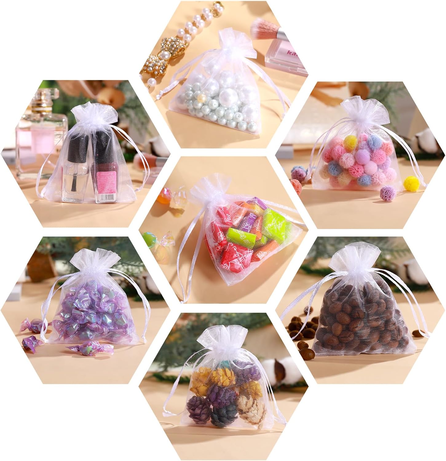 100Pcs White Organza Bags, 2x3Inch Sheer Wedding Party Favor Bags with Drawstring, Jewelry Gift Bags Christmas Candy Pouches