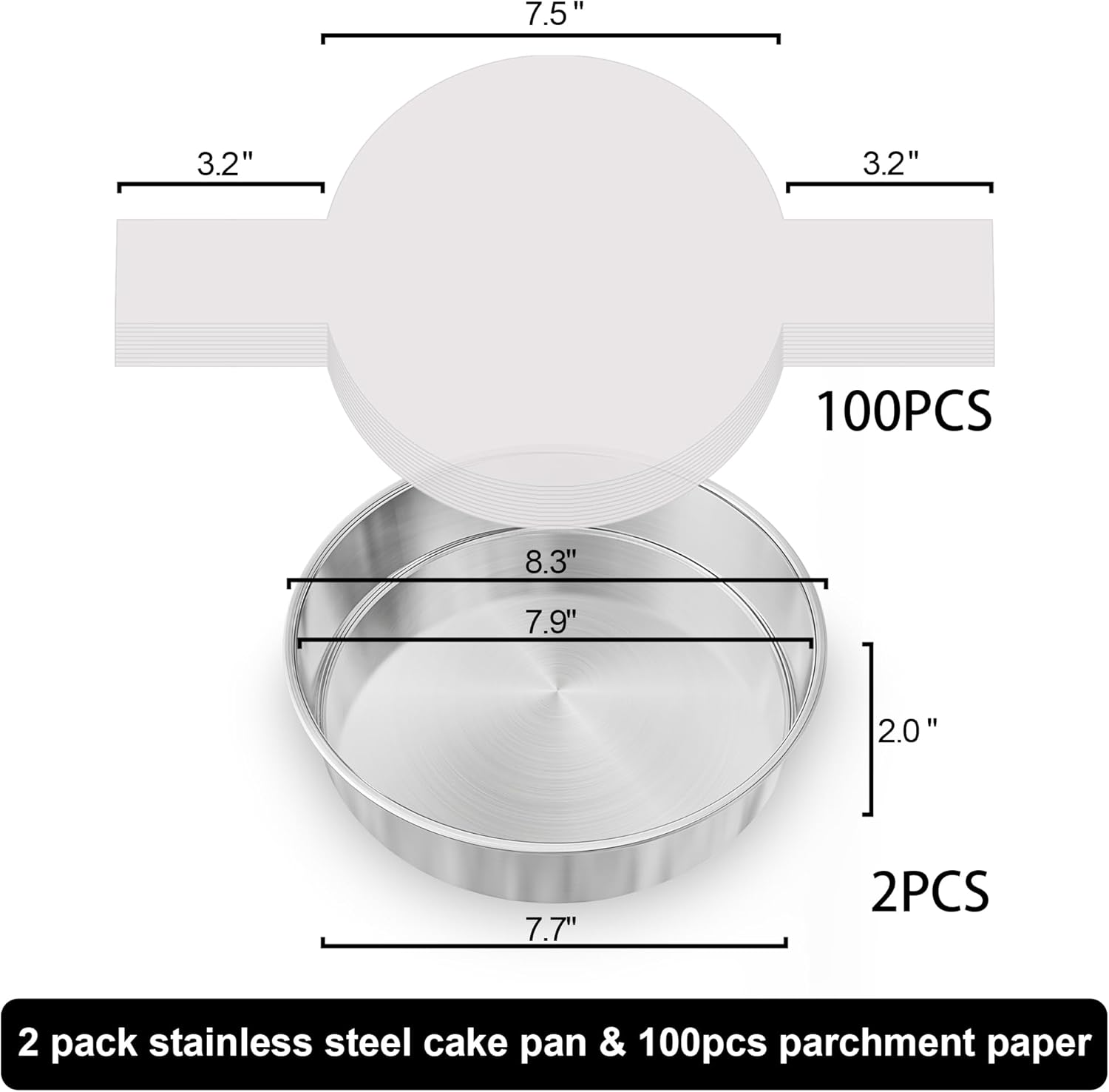 8 Inch Cake Pan Set of 2, Nonstick Stainless Steel Round Layer Cake Baking Pans with 100PCS Parchment Papers, Circle Cake Pan Tins for Birthday Christmas, Non-Toxic & Healthy, Dishwasher Safe