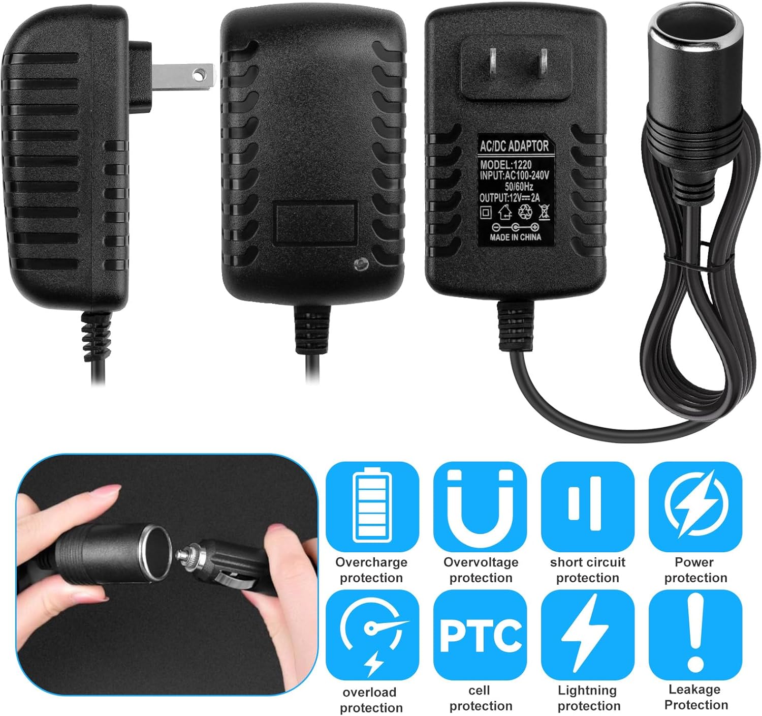 AC to DC Converter 2A 24W Car Cigarette Lighter Socket Adapter Power Cable 110-240V to 12V AC/DC for Automobile Home Use Car to Wall Plug Under 24W only