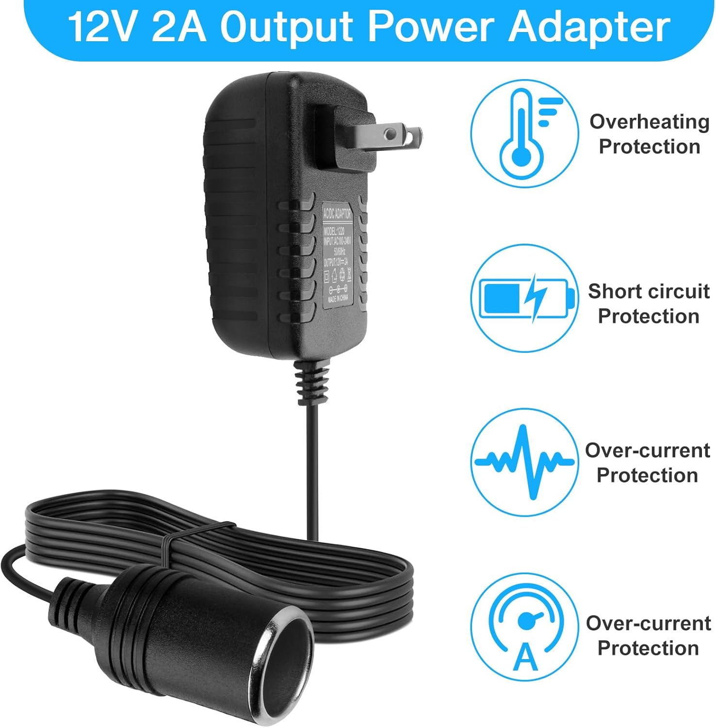 AC to DC Converter 2A 24W Car Cigarette Lighter Socket Adapter Power Cable 110-240V to 12V AC/DC for Automobile Home Use Car to Wall Plug Under 24W only
