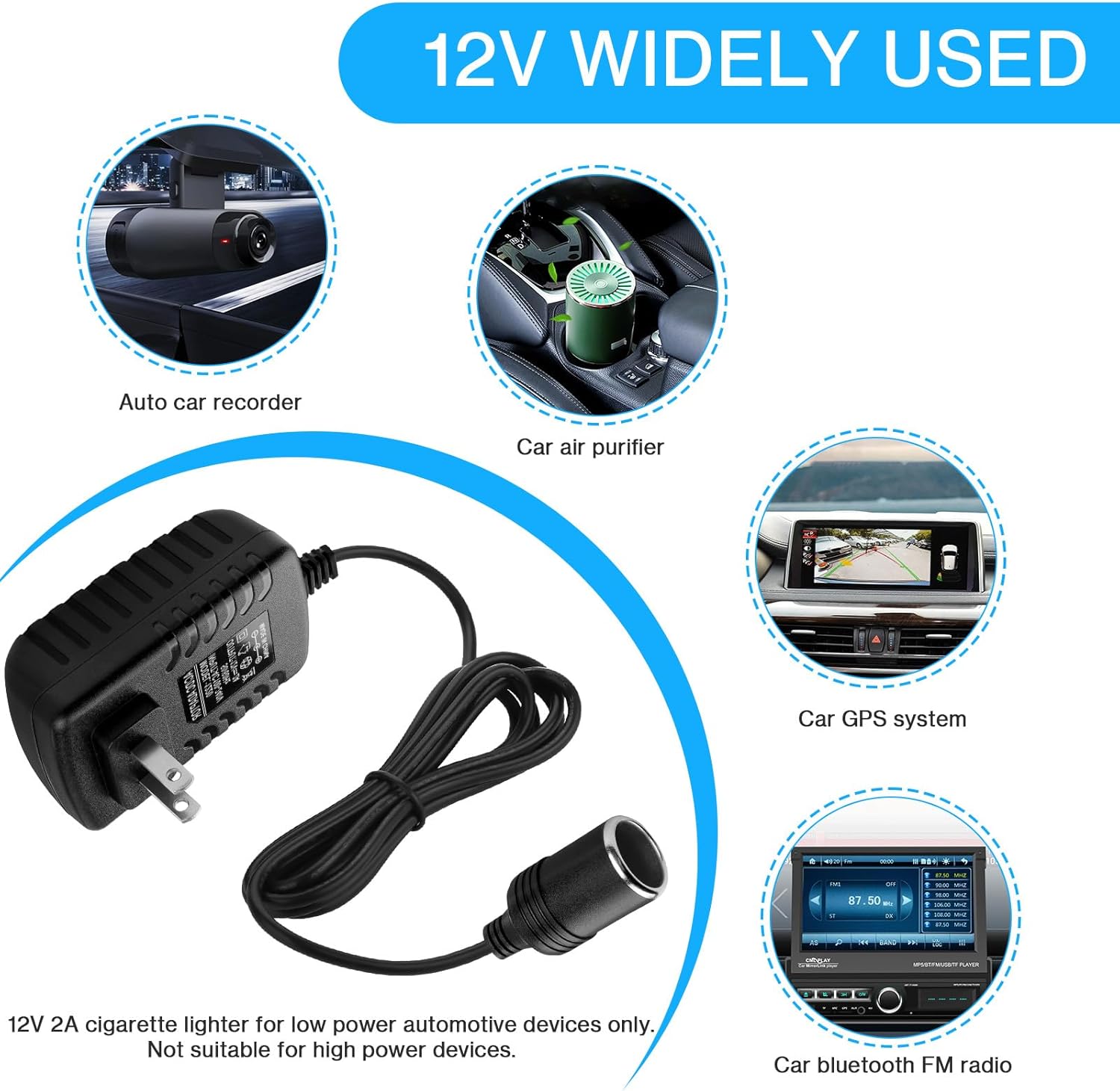 AC to DC Converter 2A 24W Car Cigarette Lighter Socket Adapter Power Cable 110-240V to 12V AC/DC for Automobile Home Use Car to Wall Plug Under 24W only