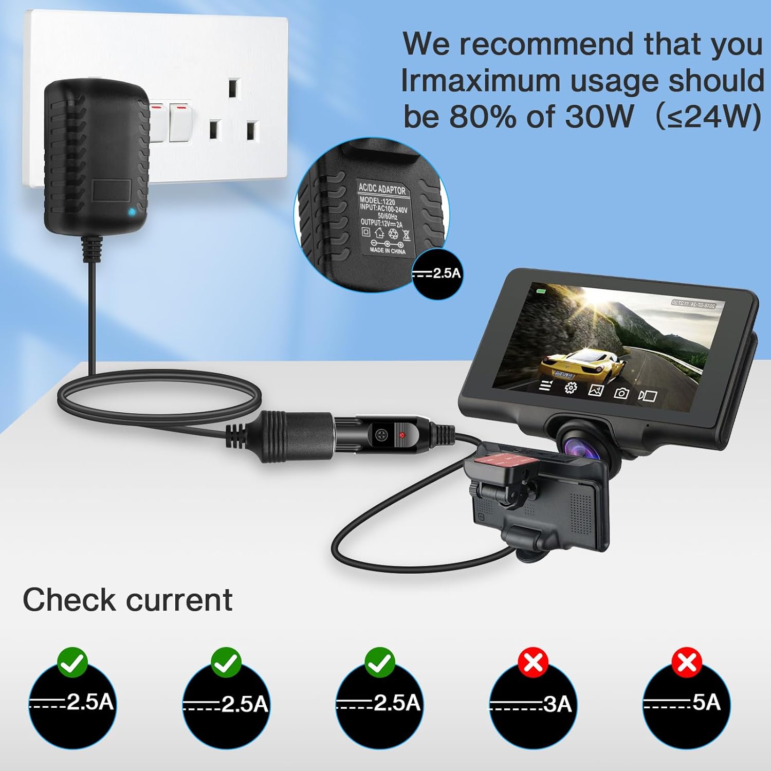 AC to DC Converter 2A 24W Car Cigarette Lighter Socket Adapter Power Cable 110-240V to 12V AC/DC for Automobile Home Use Car to Wall Plug Under 24W only