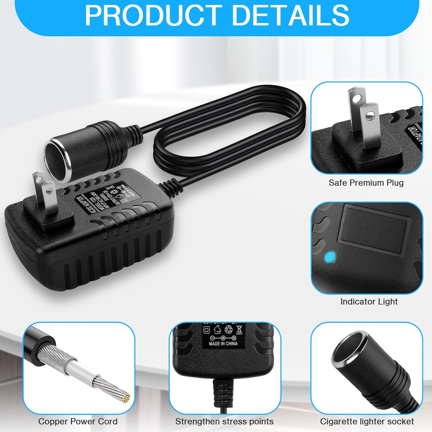 AC to DC Converter 2A 24W Car Cigarette Lighter Socket Adapter Power Cable 110-240V to 12V AC/DC for Automobile Home Use Car to Wall Plug Under 24W only