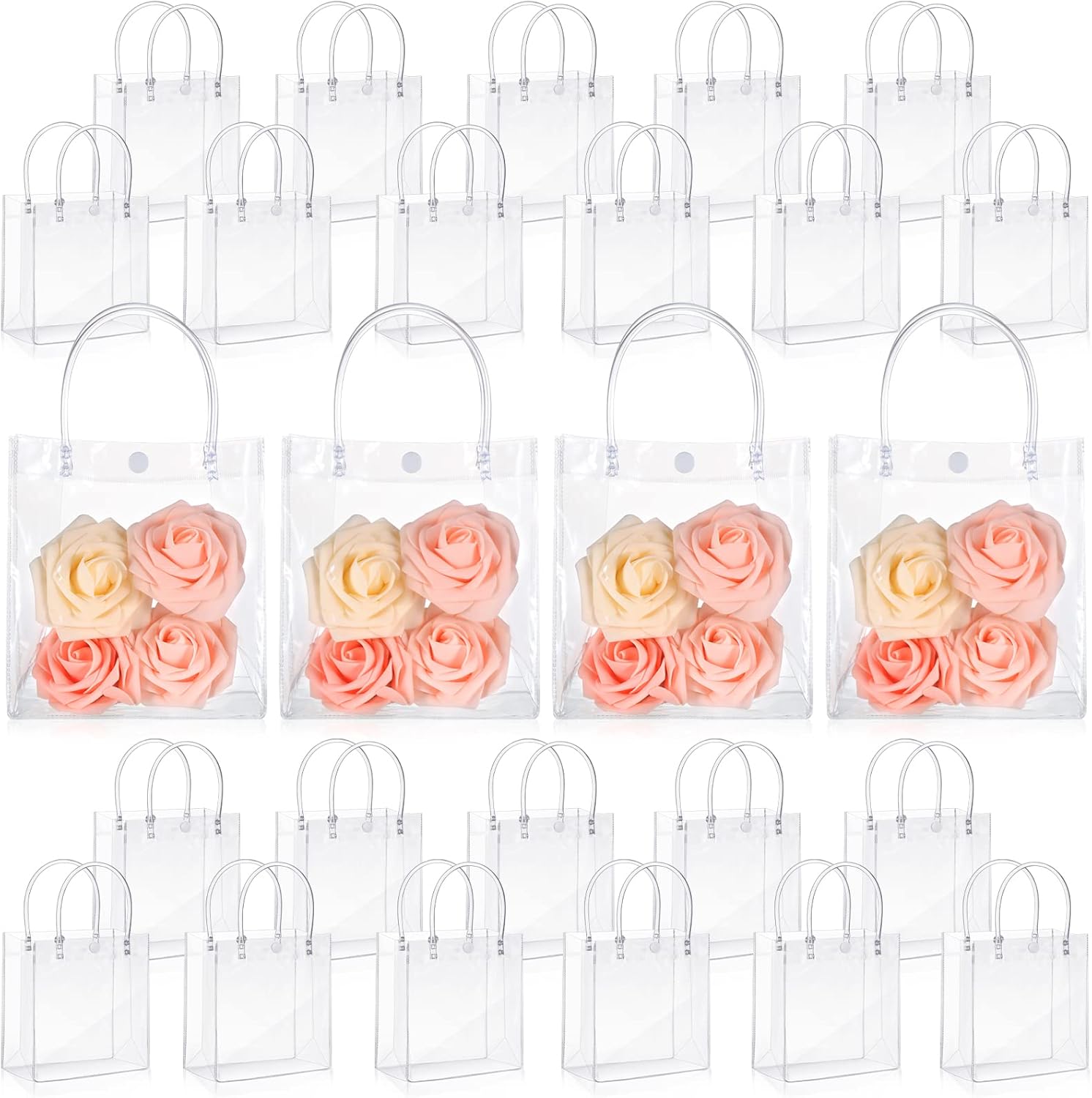 50pcs Clear Plastic Gift Bags with Handles PVC Reusable Transparent Totes Bags for Goodie Candy School Birthday Party 5.9 x 6.3 x 2.8 Inch