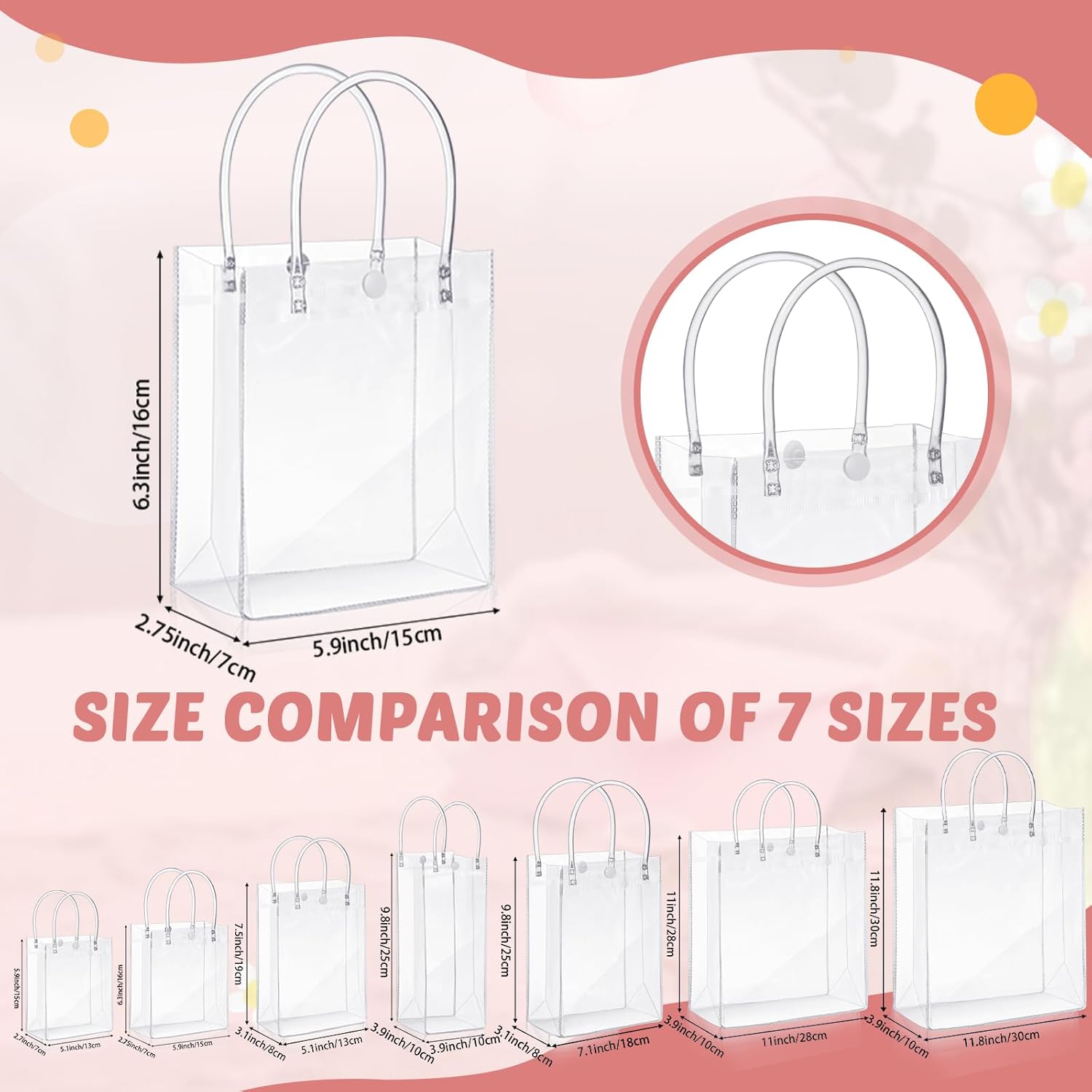 50pcs Clear Plastic Gift Bags with Handles PVC Reusable Transparent Totes Bags for Goodie Candy School Birthday Party 5.9 x 6.3 x 2.8 Inch