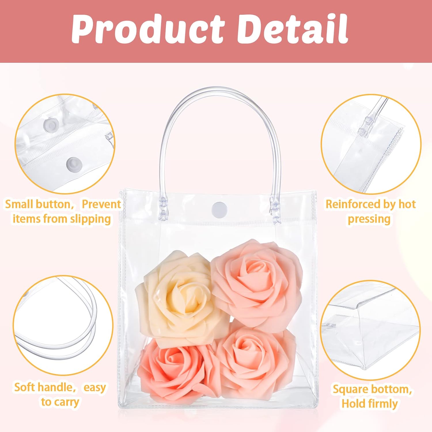 50pcs Clear Plastic Gift Bags with Handles PVC Reusable Transparent Totes Bags for Goodie Candy School Birthday Party 5.9 x 6.3 x 2.8 Inch