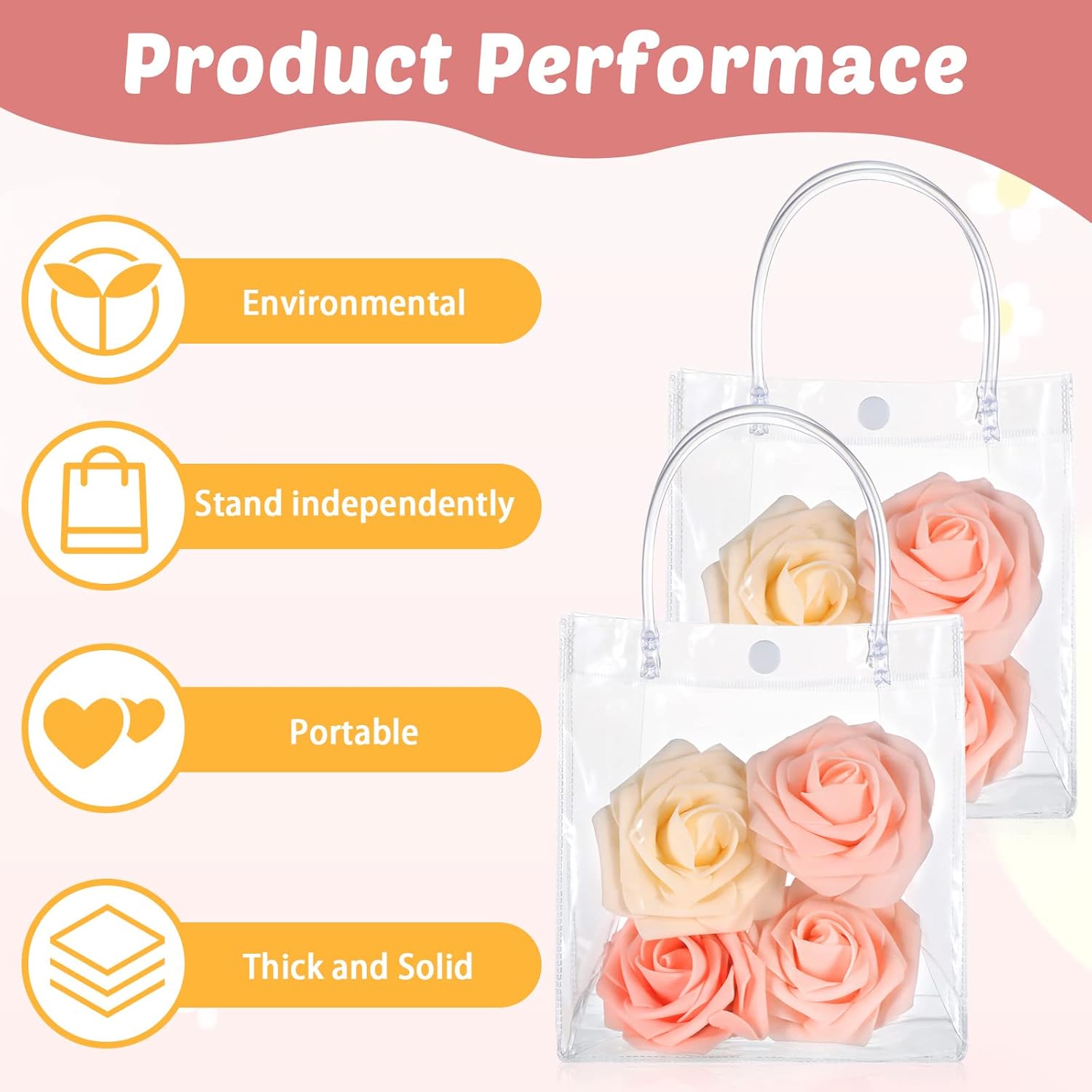 50pcs Clear Plastic Gift Bags with Handles PVC Reusable Transparent Totes Bags for Goodie Candy School Birthday Party 5.9 x 6.3 x 2.8 Inch