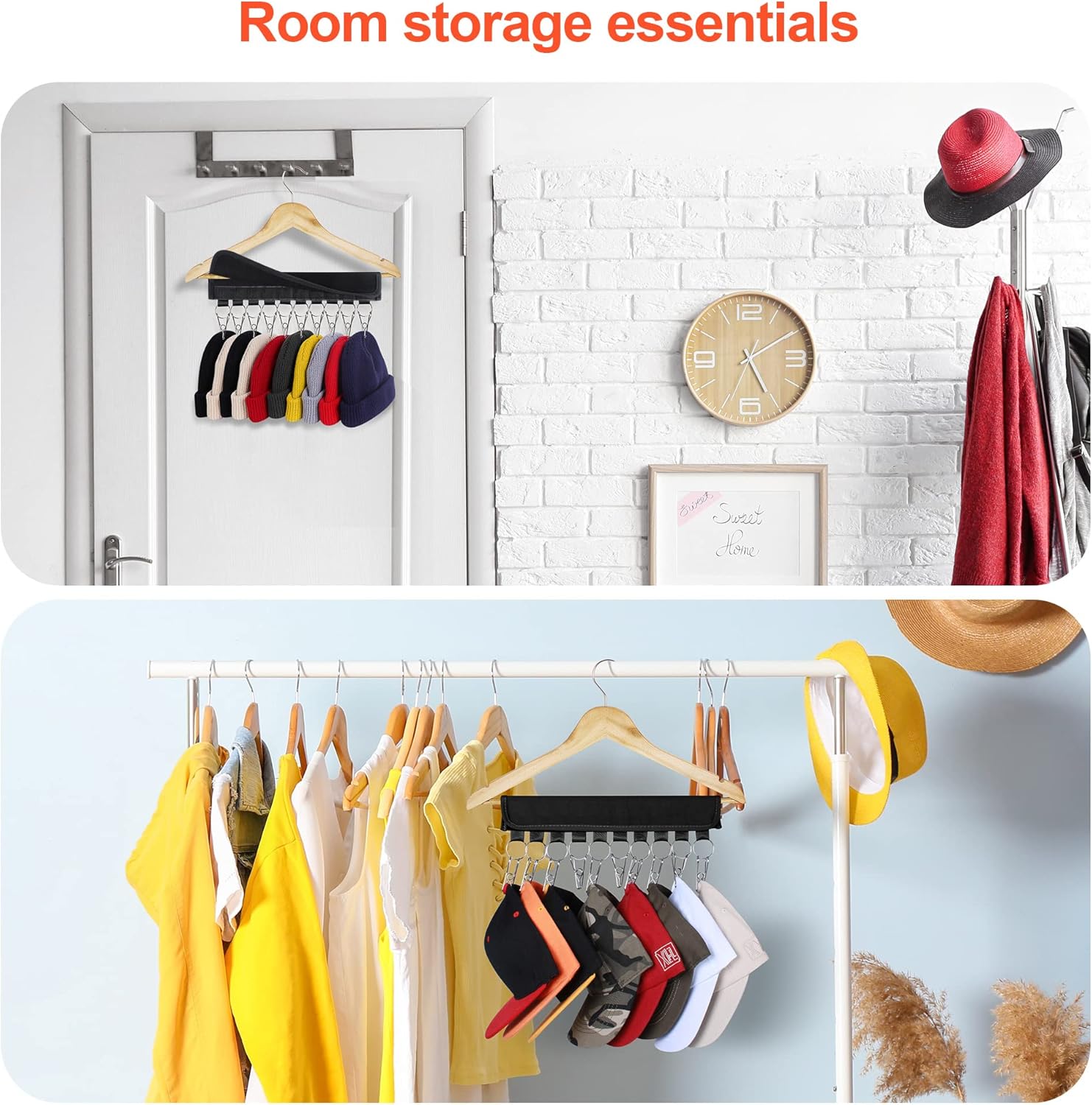 Hat Rack for Baseball Caps Hat Organizer Holder for Hanger & Room Closet Display, 2Pack 10 Hat Storage Clips for Hang Ball Caps Beanie, for Men Gift, Not Including Hangers & Hats 2PC Black
