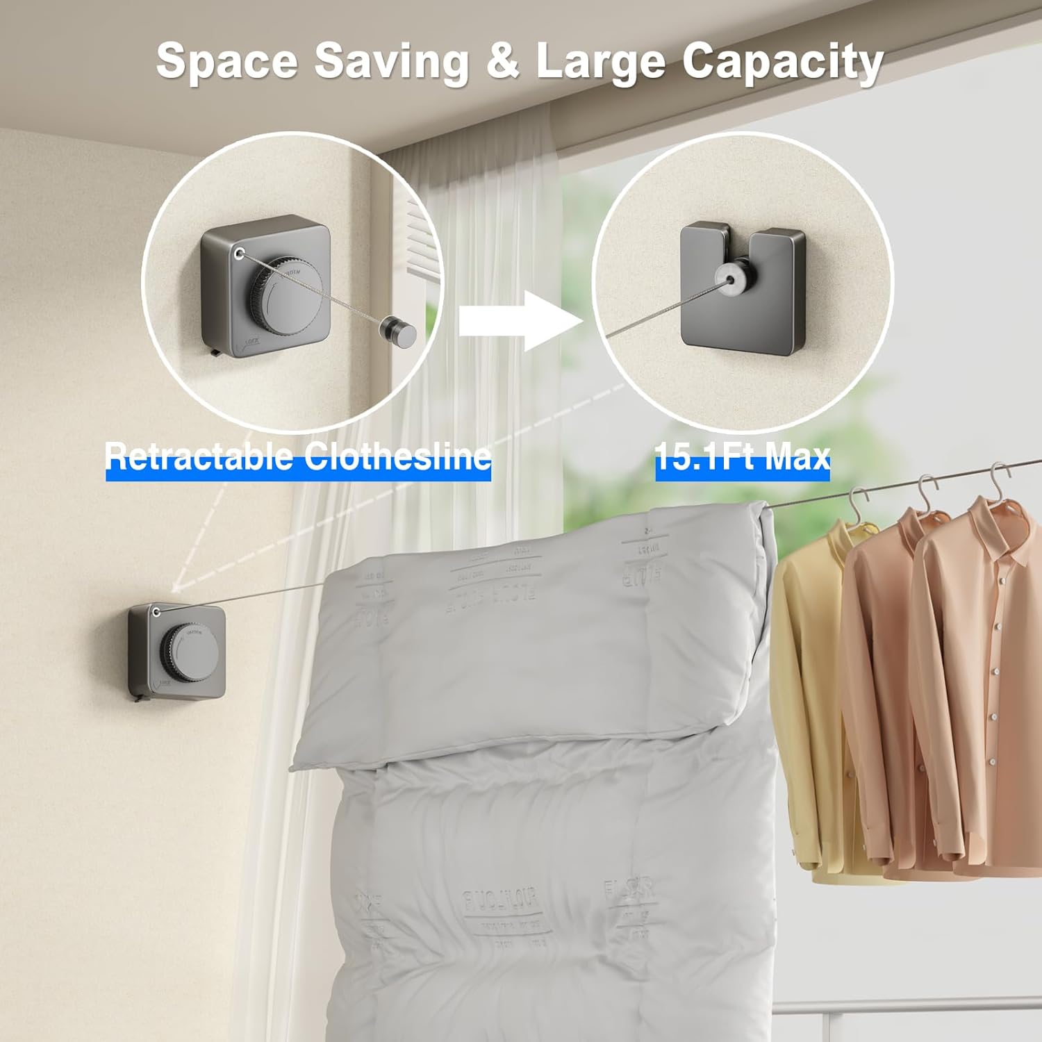 Retractable Clothesline Indoor, Non-Sagging Outdoor Clothes Line Retracting Heavy Duty Clothes Drying Laundry Line Wall Mounted Stainless Steel Line-15.1 Feets Square-Gray