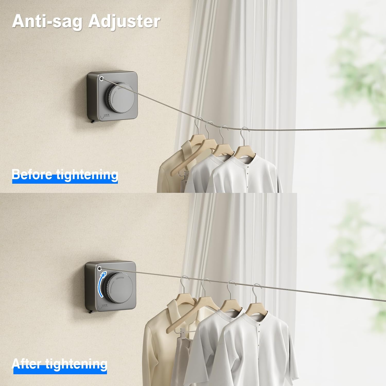 Retractable Clothesline Indoor, Non-Sagging Outdoor Clothes Line Retracting Heavy Duty Clothes Drying Laundry Line Wall Mounted Stainless Steel Line-15.1 Feets Square-Gray
