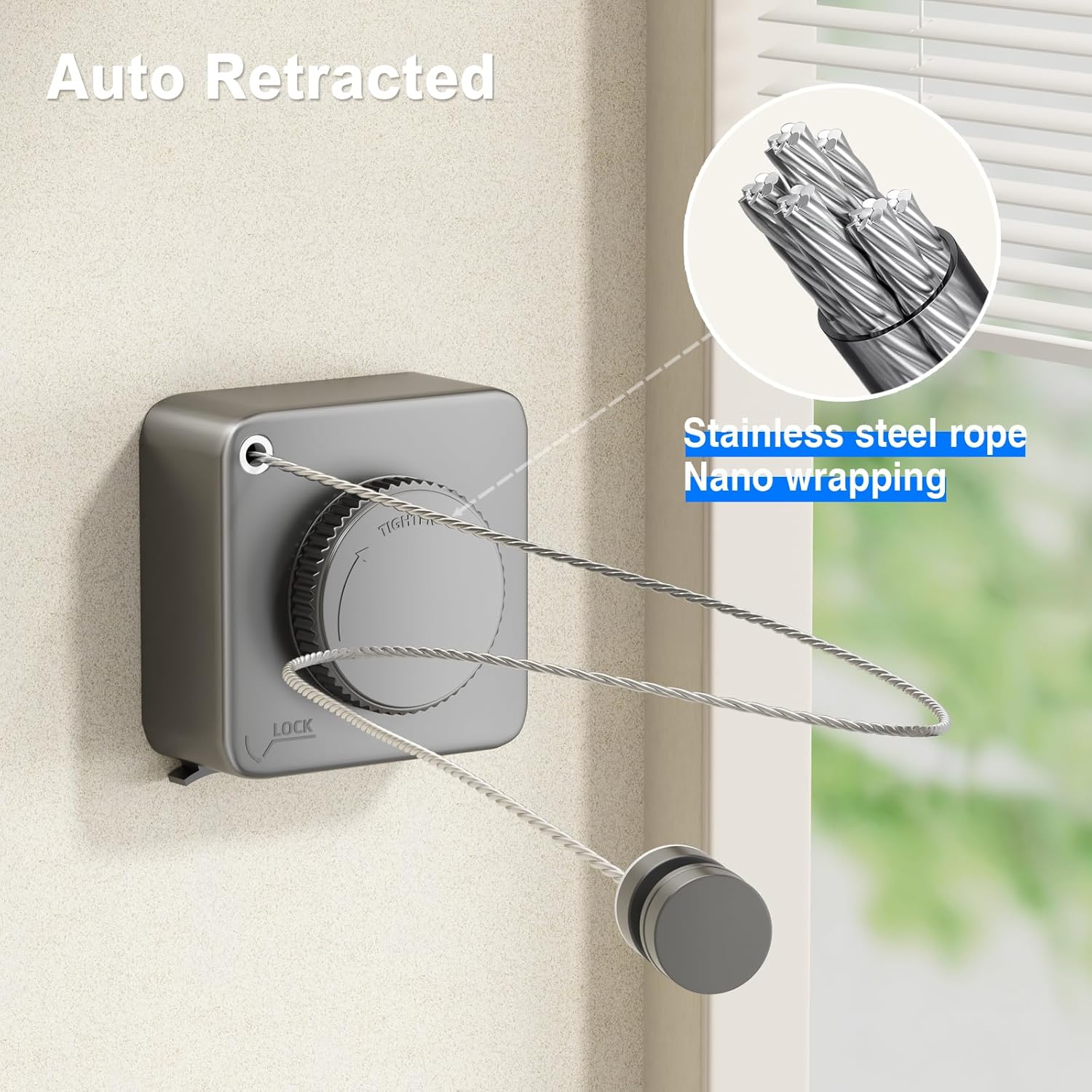 Retractable Clothesline Indoor, Non-Sagging Outdoor Clothes Line Retracting Heavy Duty Clothes Drying Laundry Line Wall Mounted Stainless Steel Line-15.1 Feets Square-Gray