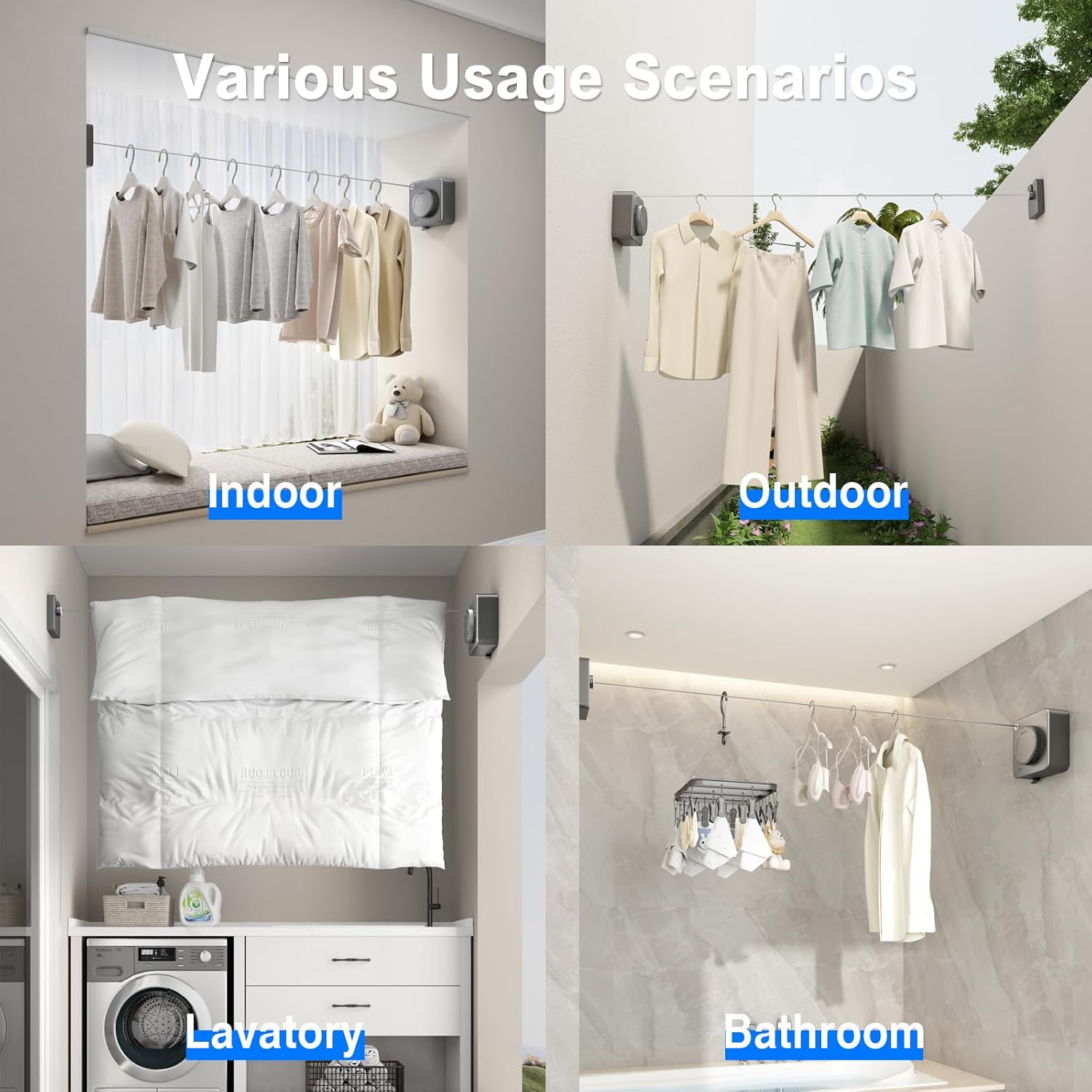 Retractable Clothesline Indoor, Non-Sagging Outdoor Clothes Line Retracting Heavy Duty Clothes Drying Laundry Line Wall Mounted Stainless Steel Line-15.1 Feets Square-Gray
