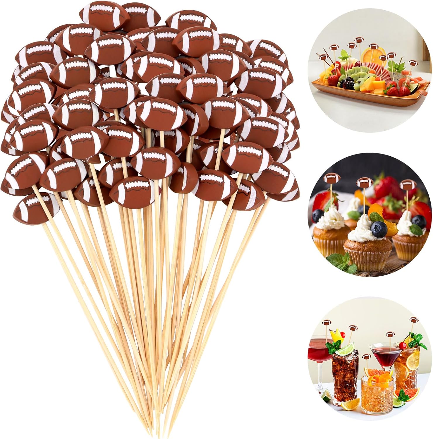 100 Pcs Football Toothpicks, 4.72 Inch Football Cocktail Picks for Appetizers, Long Bamboo Toothpicks, Decorative Toothpicks Skewers for Holiday Birthday Party Decorations Football
