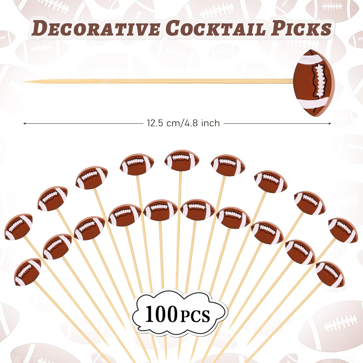 100 Pcs Football Toothpicks, 4.72 Inch Football Cocktail Picks for Appetizers, Long Bamboo Toothpicks, Decorative Toothpicks Skewers for Holiday Birthday Party Decorations Football