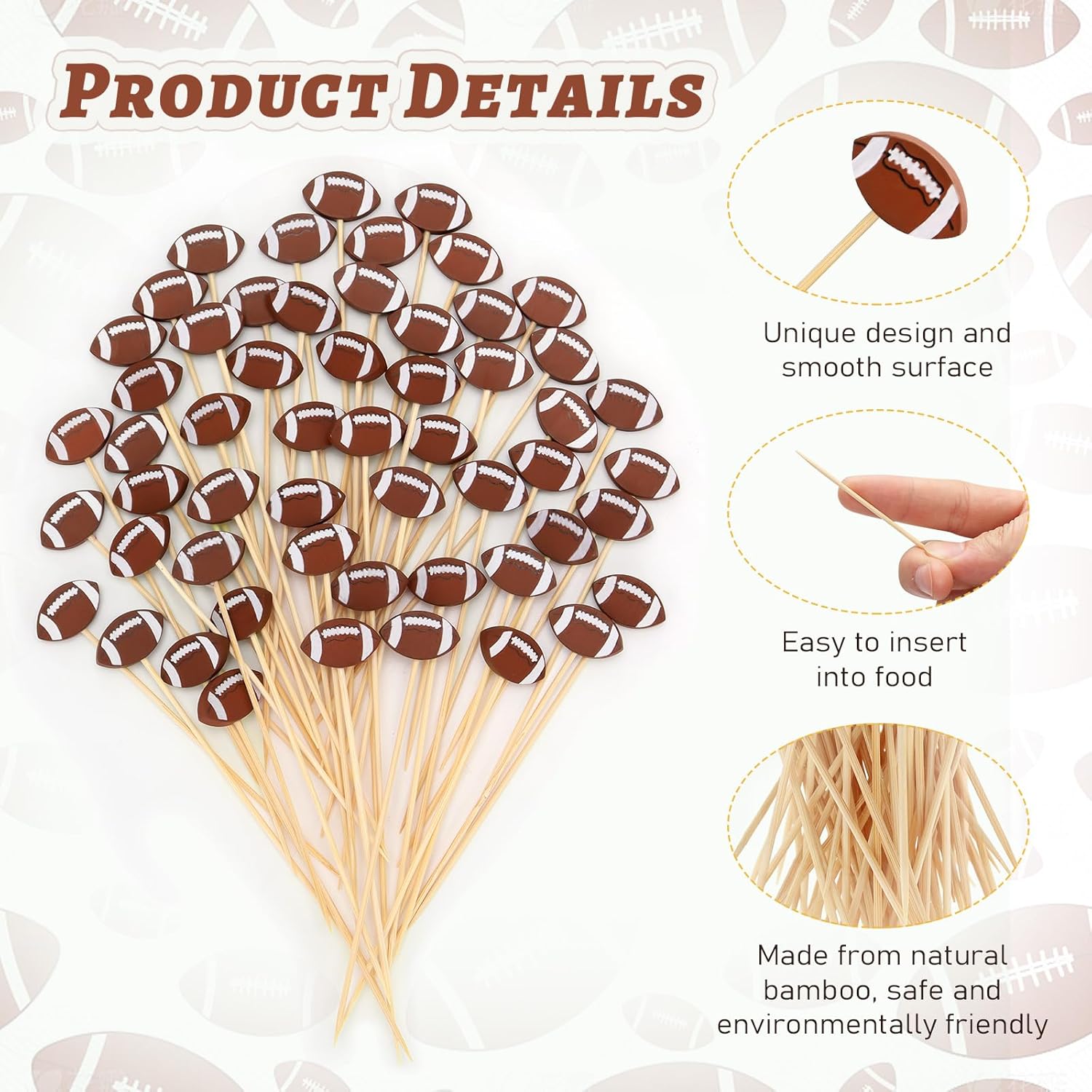 100 Pcs Football Toothpicks, 4.72 Inch Football Cocktail Picks for Appetizers, Long Bamboo Toothpicks, Decorative Toothpicks Skewers for Holiday Birthday Party Decorations Football