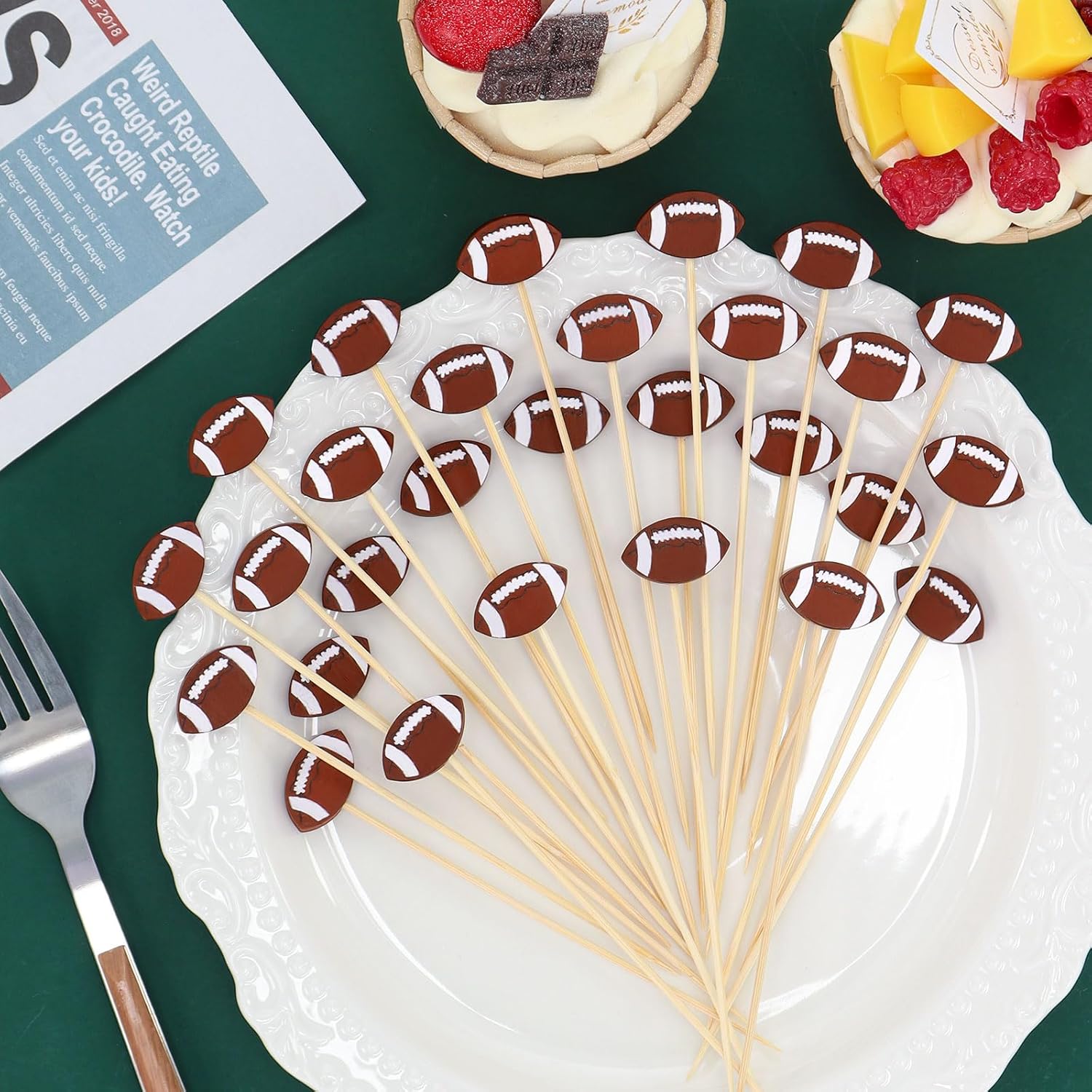 100 Pcs Football Toothpicks, 4.72 Inch Football Cocktail Picks for Appetizers, Long Bamboo Toothpicks, Decorative Toothpicks Skewers for Holiday Birthday Party Decorations Football