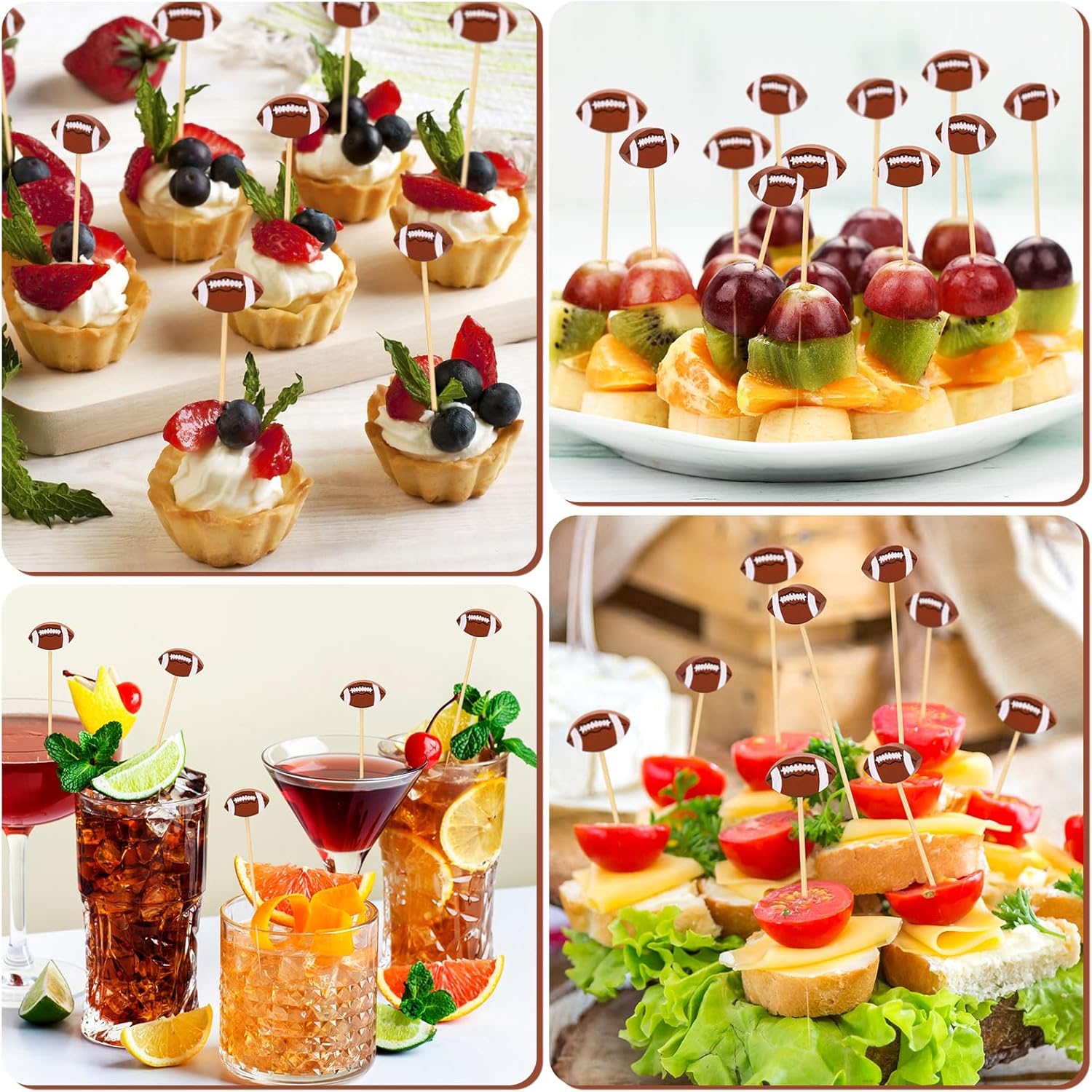 100 Pcs Football Toothpicks, 4.72 Inch Football Cocktail Picks for Appetizers, Long Bamboo Toothpicks, Decorative Toothpicks Skewers for Holiday Birthday Party Decorations Football
