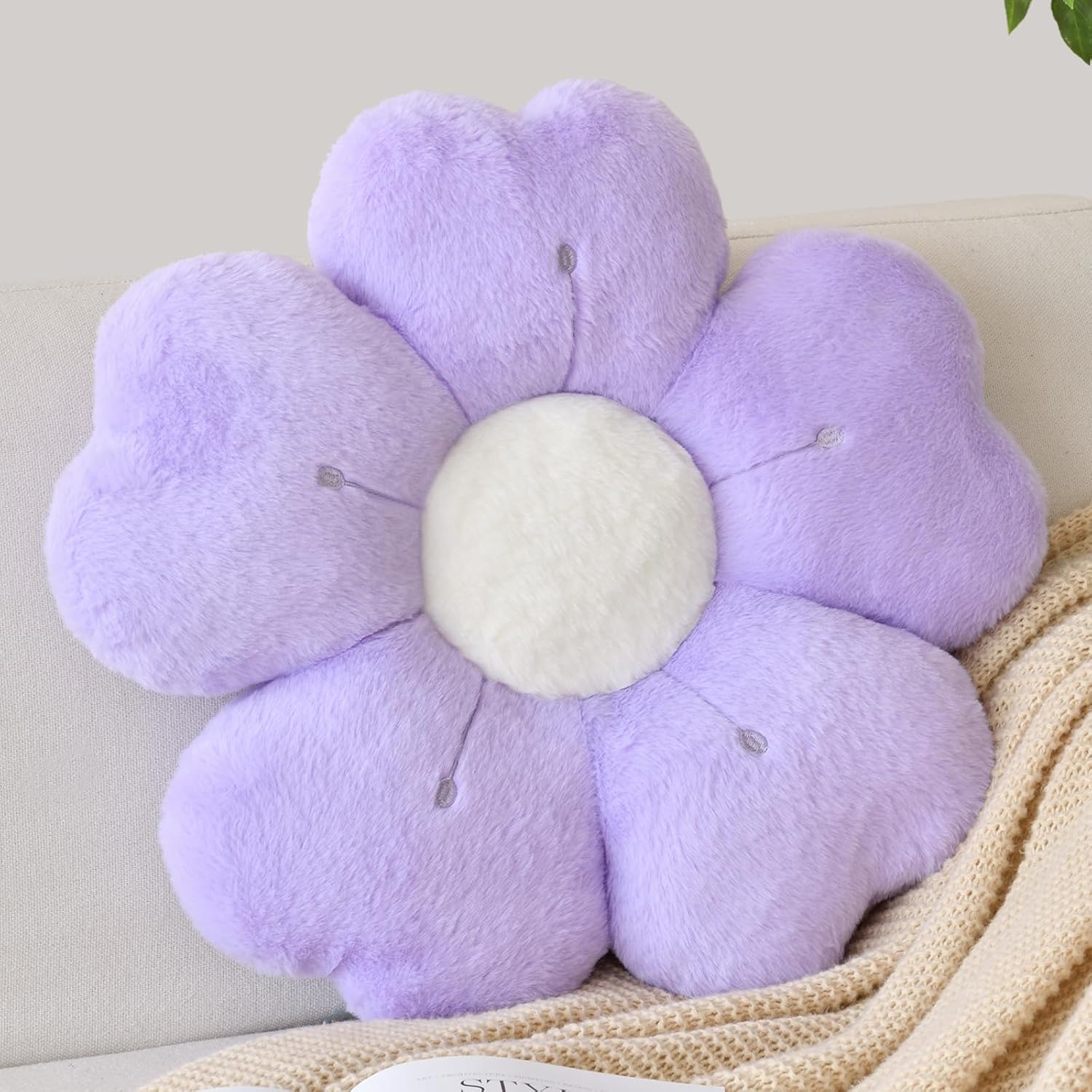 Flower Shaped Pillow, Cute Decorative Throw Pillow with Soft Artificial Rabbit Fur for Couch Bed Chair Floor, Flower Pillows Seating Cushions with Room Décor for Bedroom Living Room 14.9" Lavender