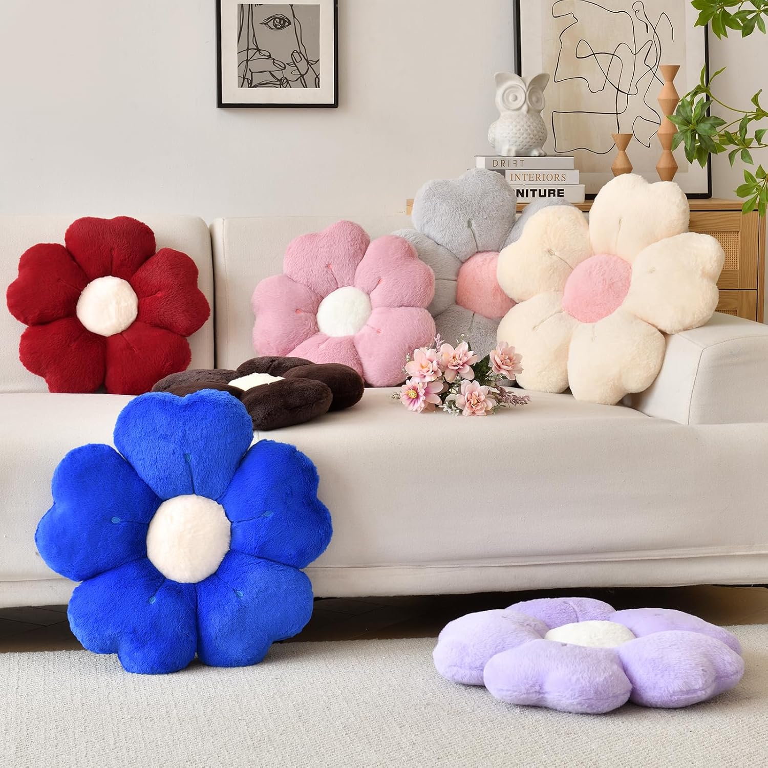 Flower Shaped Pillow, Cute Decorative Throw Pillow with Soft Artificial Rabbit Fur for Couch Bed Chair Floor, Flower Pillows Seating Cushions with Room Décor for Bedroom Living Room 14.9" Lavender
