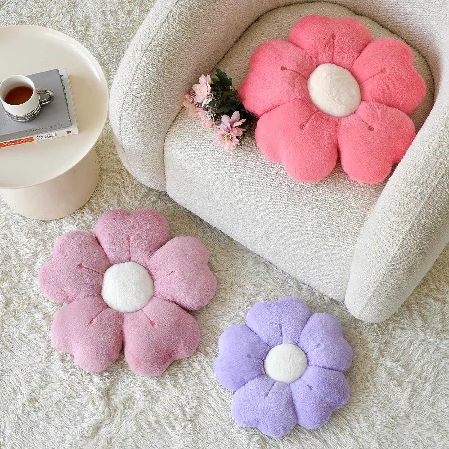Flower Shaped Pillow, Cute Decorative Throw Pillow with Soft Artificial Rabbit Fur for Couch Bed Chair Floor, Flower Pillows Seating Cushions with Room Décor for Bedroom Living Room 14.9" Lavender