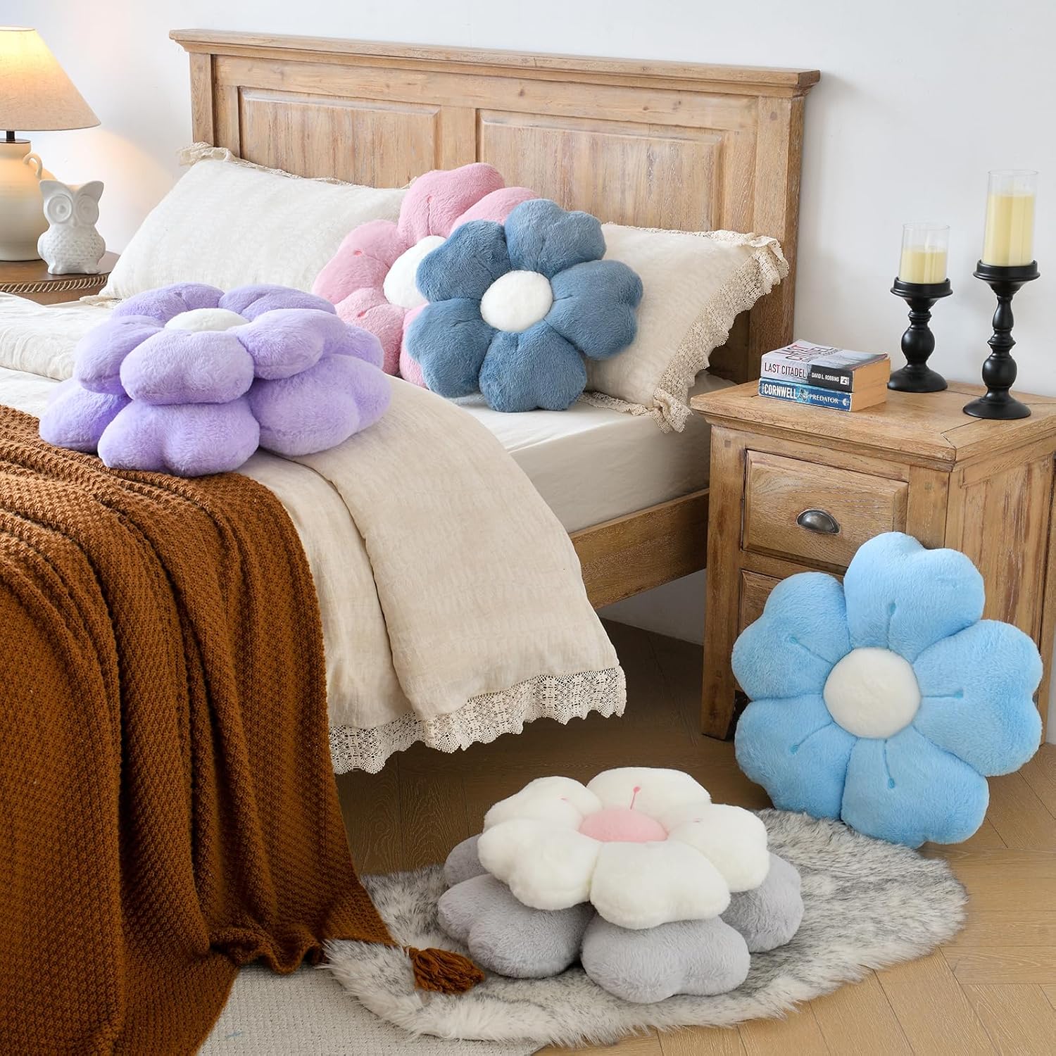 Flower Shaped Pillow, Cute Decorative Throw Pillow with Soft Artificial Rabbit Fur for Couch Bed Chair Floor, Flower Pillows Seating Cushions with Room Décor for Bedroom Living Room 14.9" Lavender