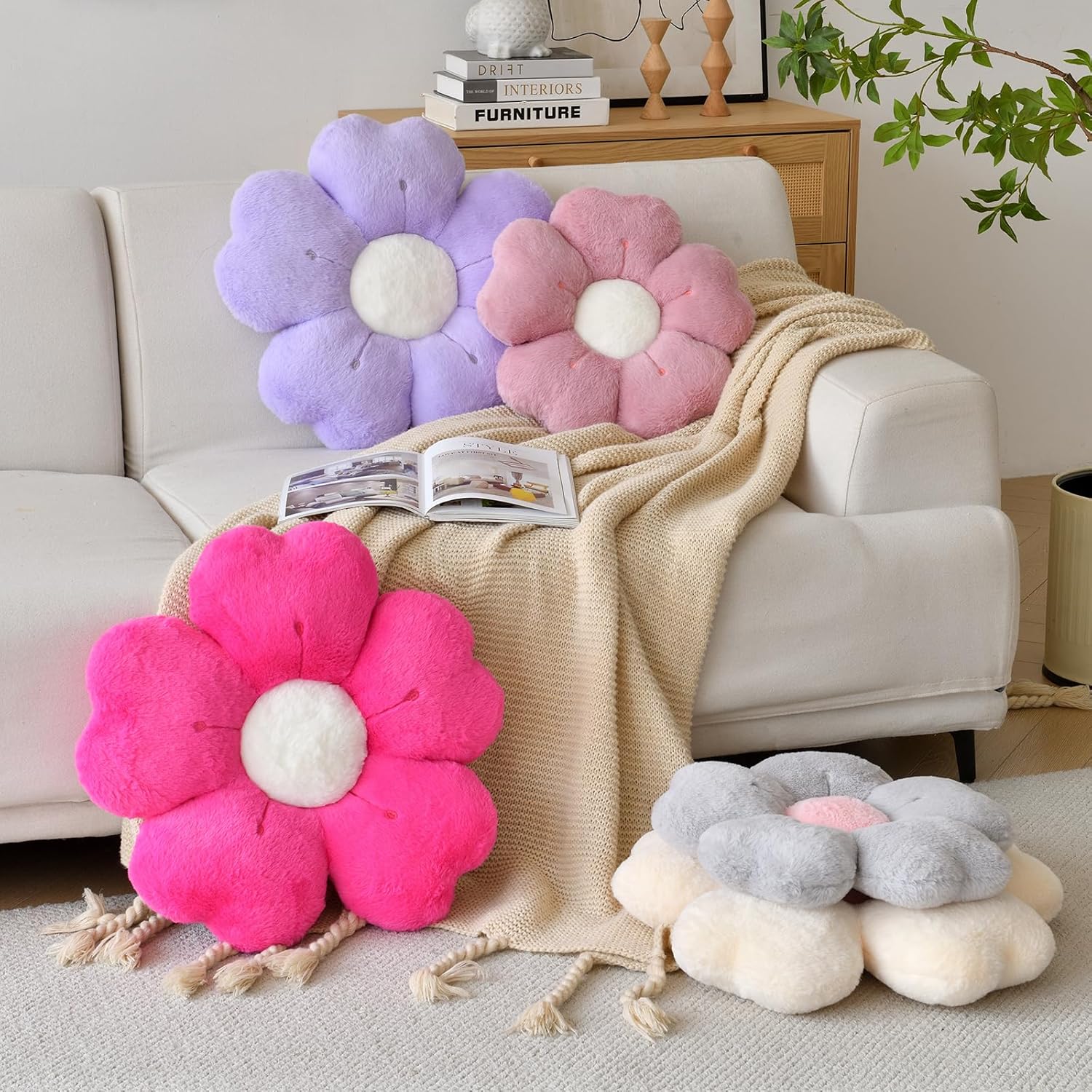 Flower Shaped Pillow, Cute Decorative Throw Pillow with Soft Artificial Rabbit Fur for Couch Bed Chair Floor, Flower Pillows Seating Cushions with Room Décor for Bedroom Living Room 14.9" Lavender