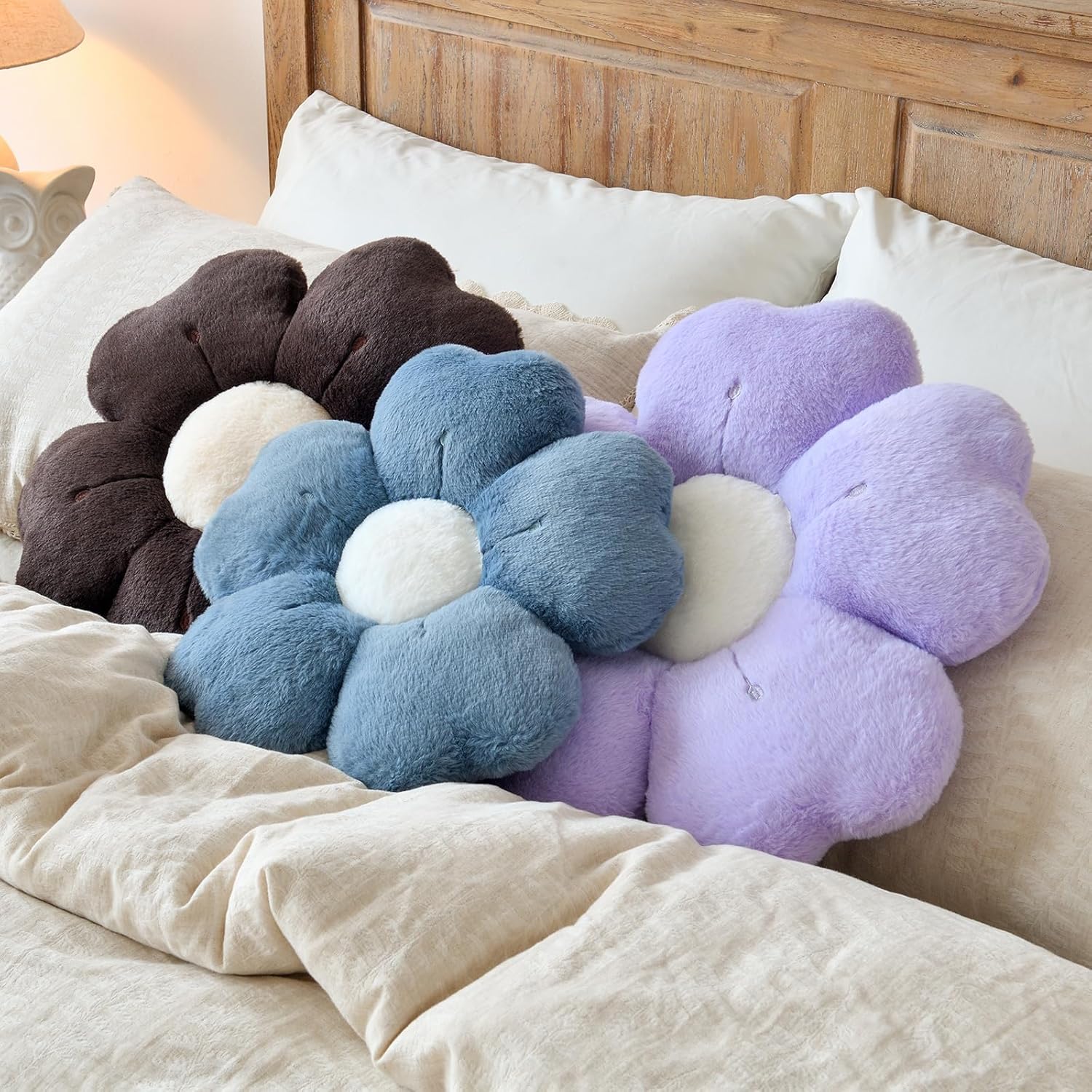 Flower Shaped Pillow, Cute Decorative Throw Pillow with Soft Artificial Rabbit Fur for Couch Bed Chair Floor, Flower Pillows Seating Cushions with Room Décor for Bedroom Living Room 14.9" Lavender