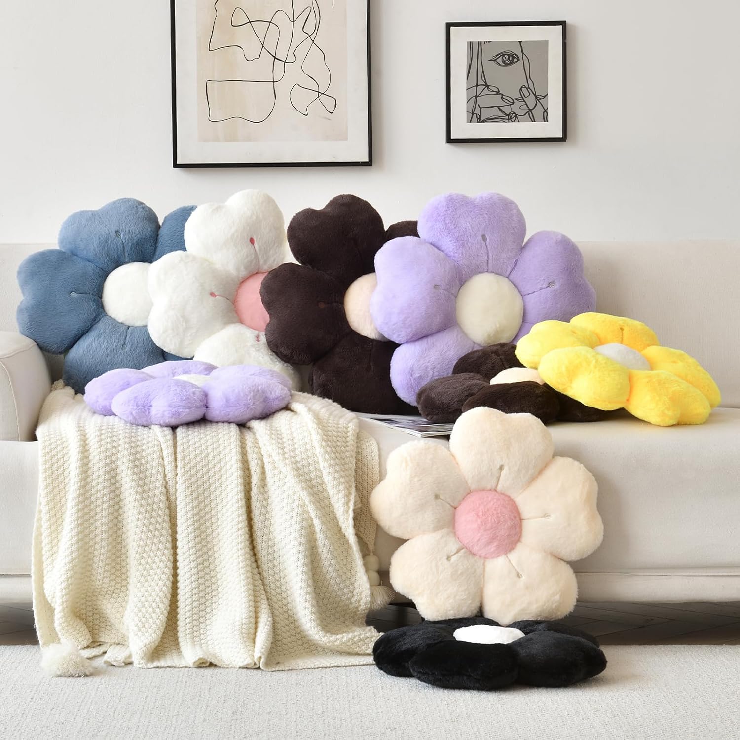 Flower Shaped Pillow, Cute Decorative Throw Pillow with Soft Artificial Rabbit Fur for Couch Bed Chair Floor, Flower Pillows Seating Cushions with Room Décor for Bedroom Living Room 14.9" Lavender