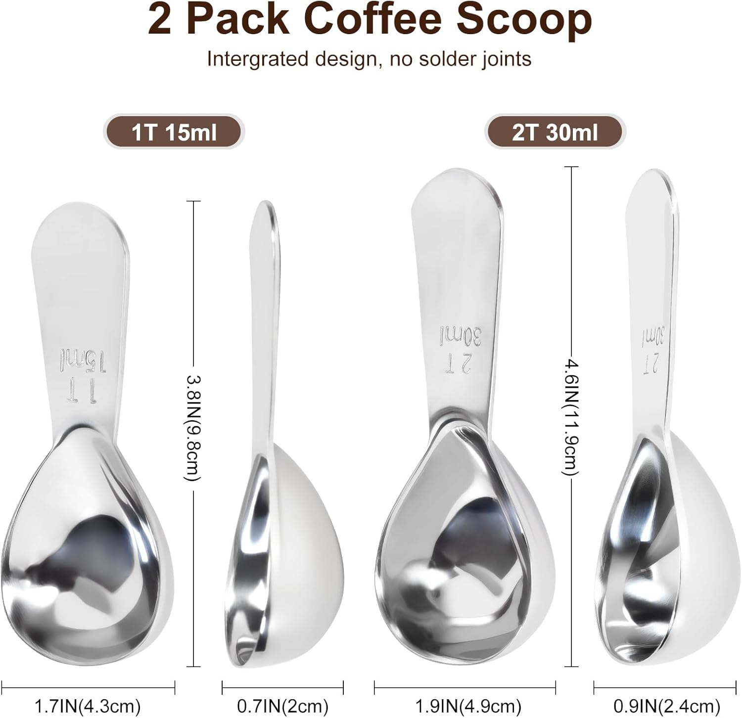 2Pcs Coffee Scoops, Premium 18/8 Stainless Steel Coffee Spoons, Set of 2 Short Handled 1 Tablespoon & 2 Tablespoon Coffee Measuring Spoon for Ground Coffee, Tea and Powder by