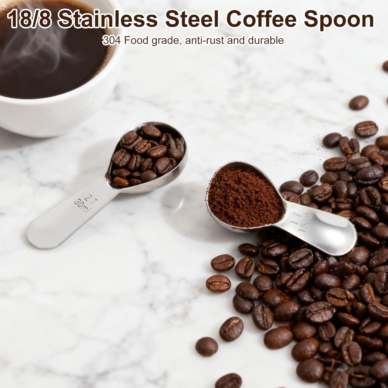 2Pcs Coffee Scoops, Premium 18/8 Stainless Steel Coffee Spoons, Set of 2 Short Handled 1 Tablespoon & 2 Tablespoon Coffee Measuring Spoon for Ground Coffee, Tea and Powder by