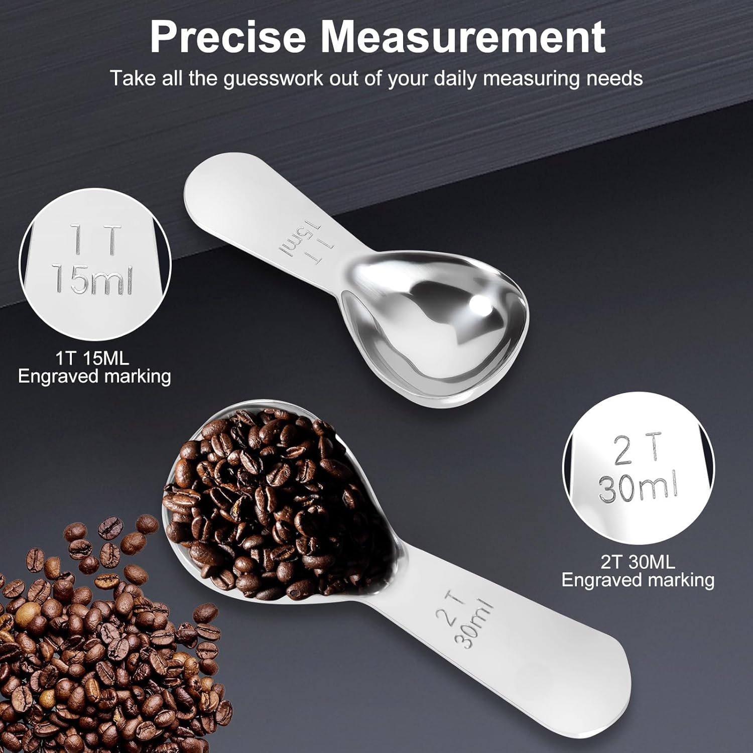 2Pcs Coffee Scoops, Premium 18/8 Stainless Steel Coffee Spoons, Set of 2 Short Handled 1 Tablespoon & 2 Tablespoon Coffee Measuring Spoon for Ground Coffee, Tea and Powder by