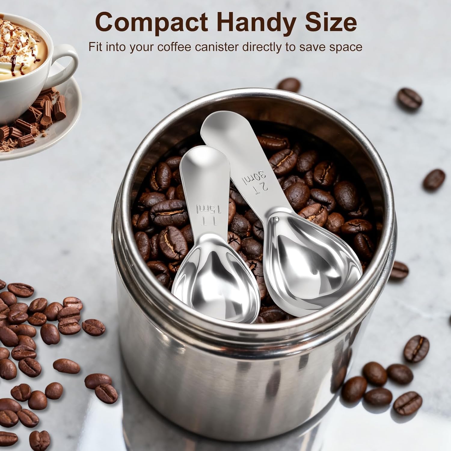 2Pcs Coffee Scoops, Premium 18/8 Stainless Steel Coffee Spoons, Set of 2 Short Handled 1 Tablespoon & 2 Tablespoon Coffee Measuring Spoon for Ground Coffee, Tea and Powder by
