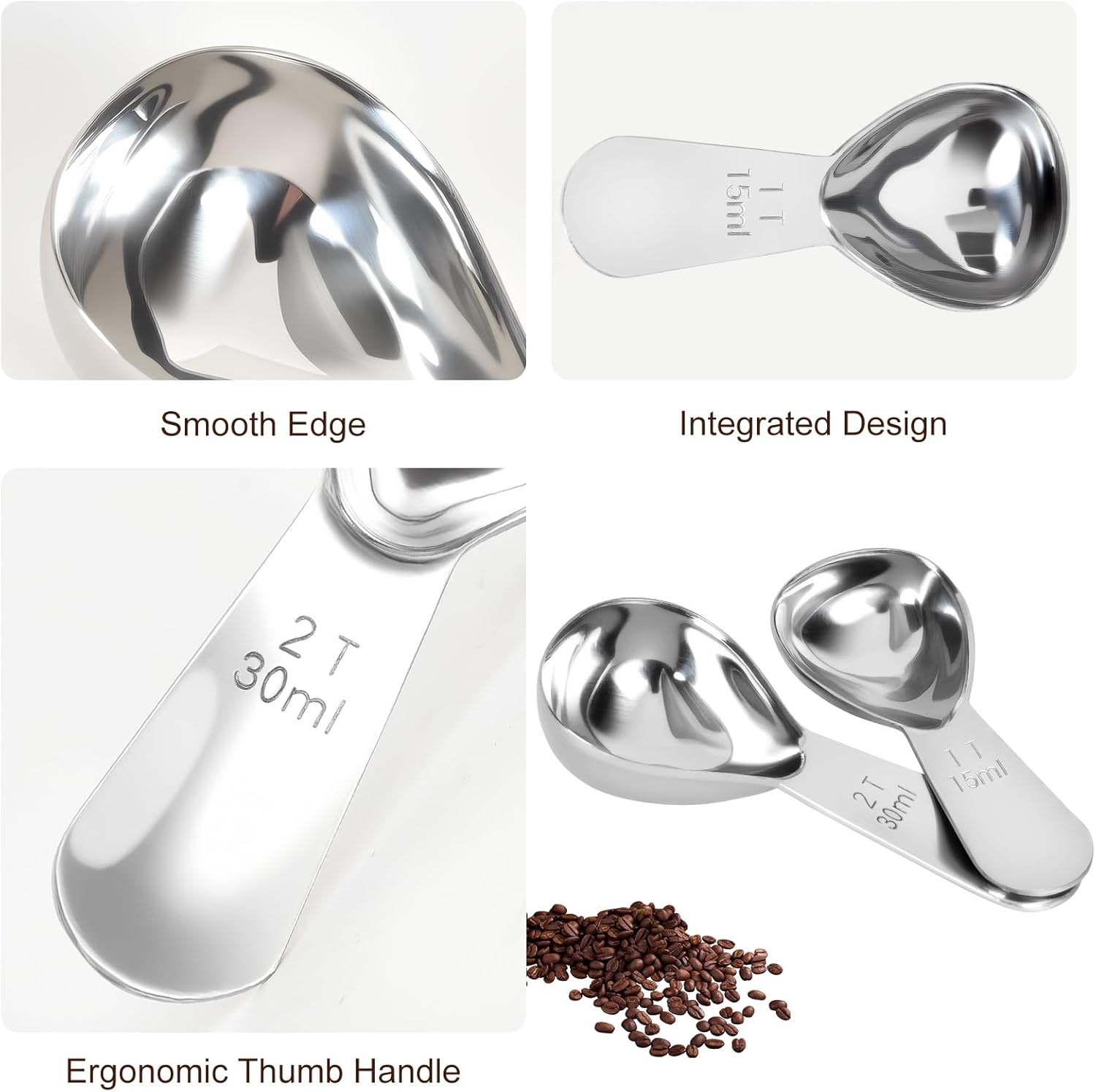 2Pcs Coffee Scoops, Premium 18/8 Stainless Steel Coffee Spoons, Set of 2 Short Handled 1 Tablespoon & 2 Tablespoon Coffee Measuring Spoon for Ground Coffee, Tea and Powder by