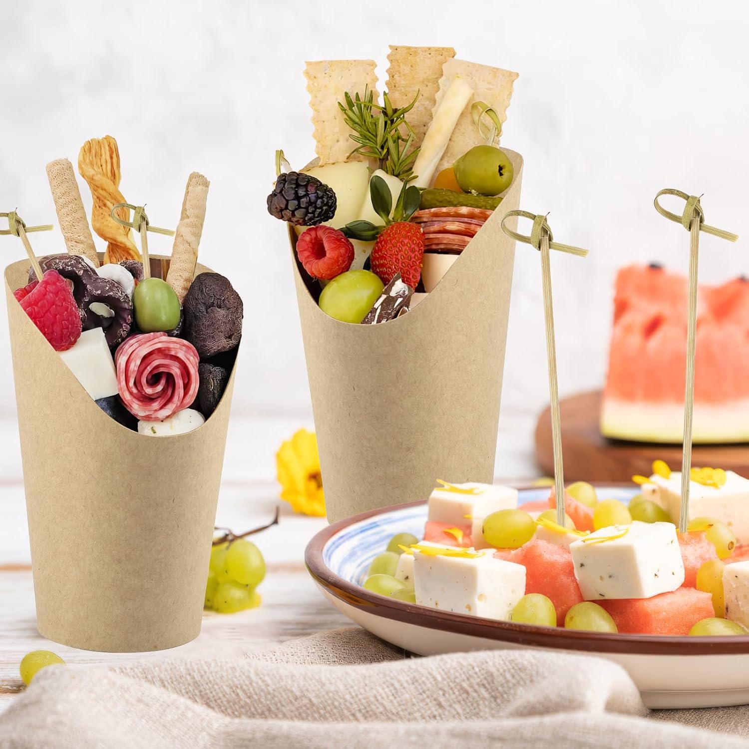 50 Pcs Charcuterie Cups with 100 Cocktail Picks, Disposable 12oz Kraft Paper Snack Cup, Appetizer Cups for Parties