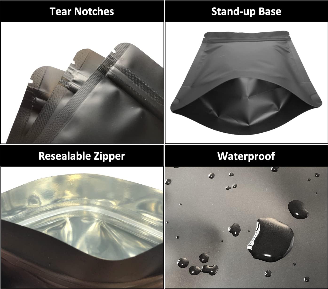 100 Pack Matte Black Mylar Stand Up Bags - 5.5x7.8 Inches Smell Proof Resealable Pouch Bag, Sealable Foil Packaging Zipper Pouches for Food Storage