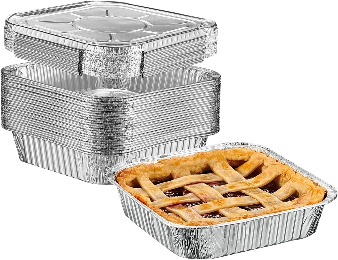 25 Sets 8-Inch Square Foil Pans with Lids - Disposable Food Containers, Aluminum Foil Pans For Baking, Cooking, Storing and Preparing Food Formerly Comfy Package