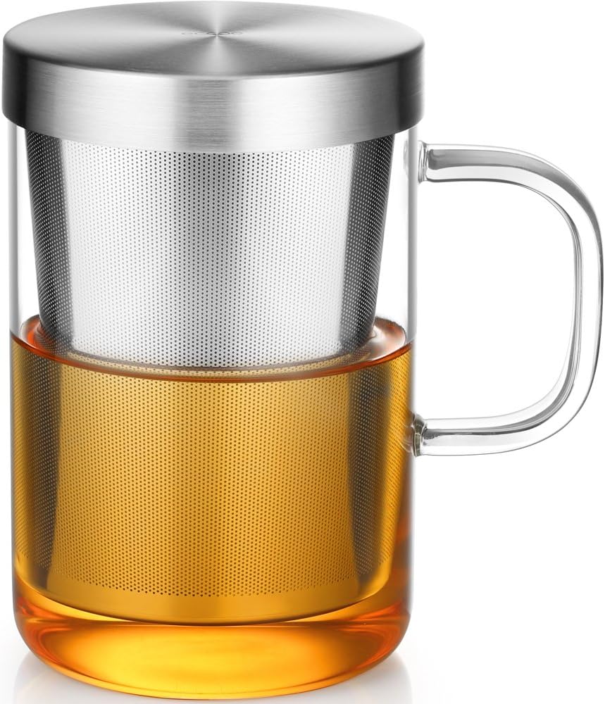 16.9 Oz Borosilicate Glass Tea Mug Cup Tea Glasses with Stainless Steel Infuser & Lid, Loose Leaf Glass Tea Cup Teacup 430mL Use Capacity
