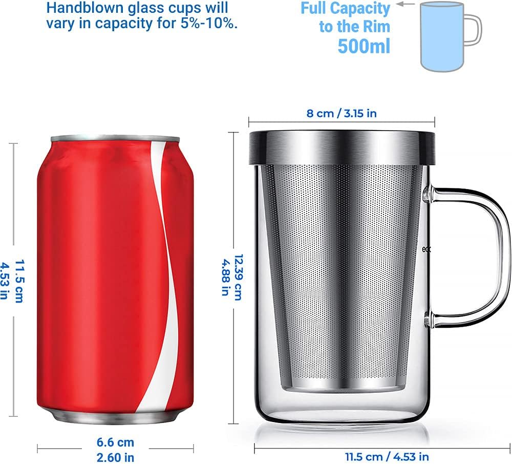 16.9 Oz Borosilicate Glass Tea Mug Cup Tea Glasses with Stainless Steel Infuser & Lid, Loose Leaf Glass Tea Cup Teacup 430mL Use Capacity