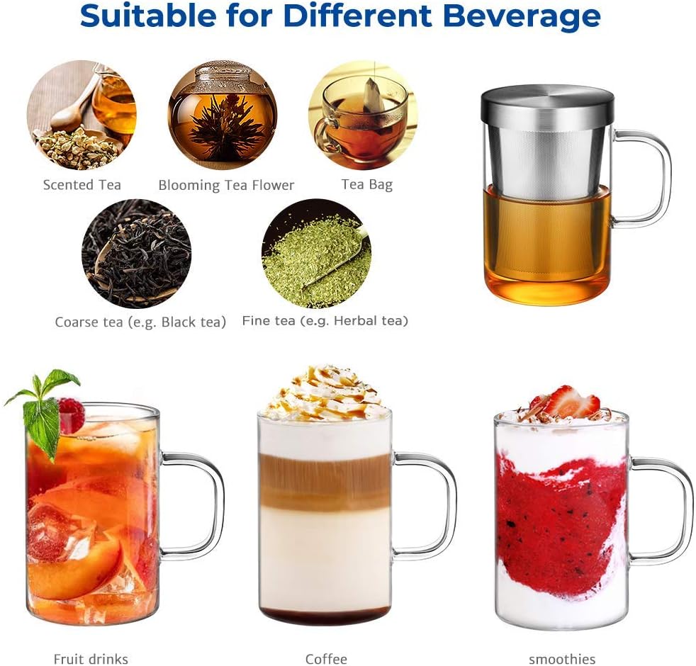 16.9 Oz Borosilicate Glass Tea Mug Cup Tea Glasses with Stainless Steel Infuser & Lid, Loose Leaf Glass Tea Cup Teacup 430mL Use Capacity