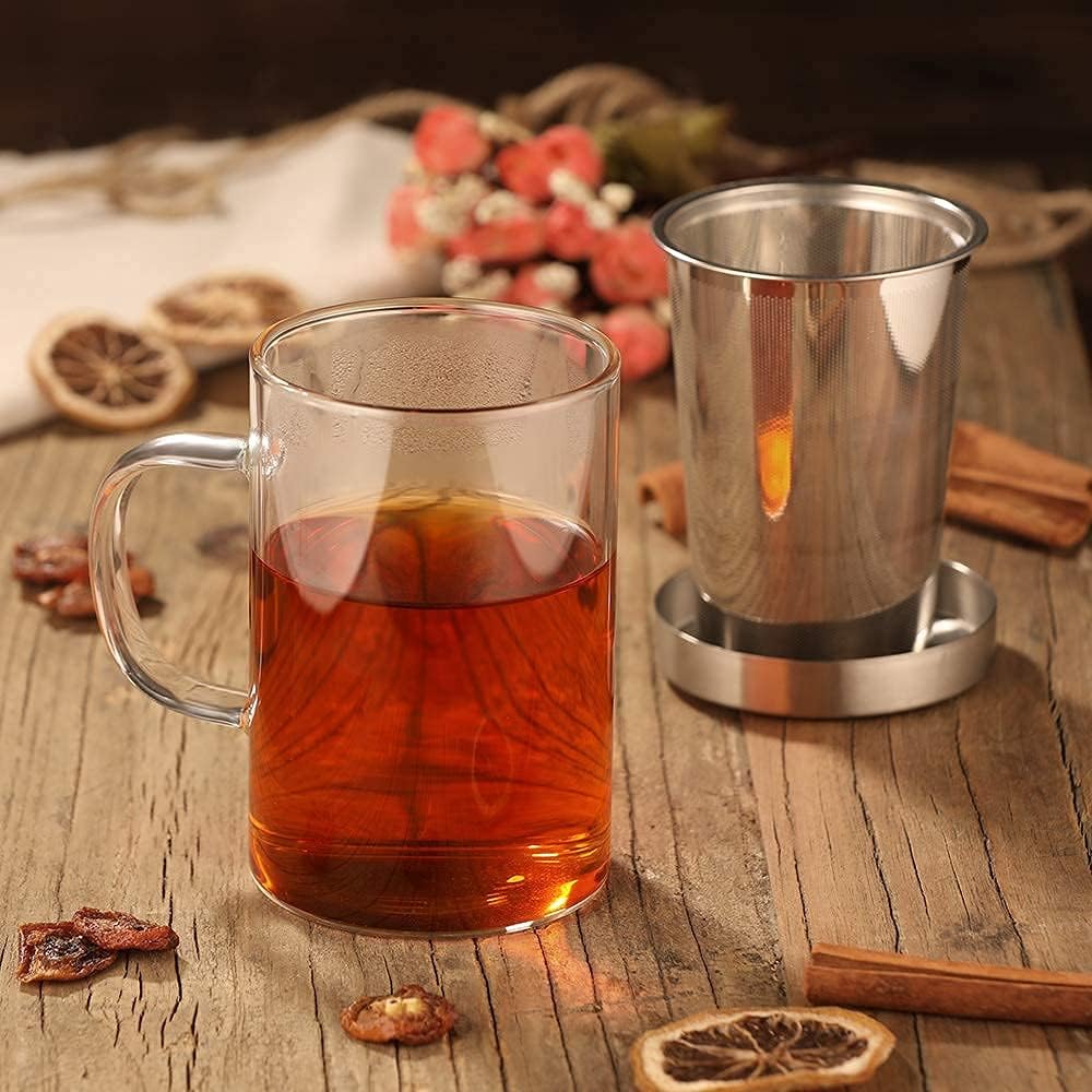 16.9 Oz Borosilicate Glass Tea Mug Cup Tea Glasses with Stainless Steel Infuser & Lid, Loose Leaf Glass Tea Cup Teacup 430mL Use Capacity