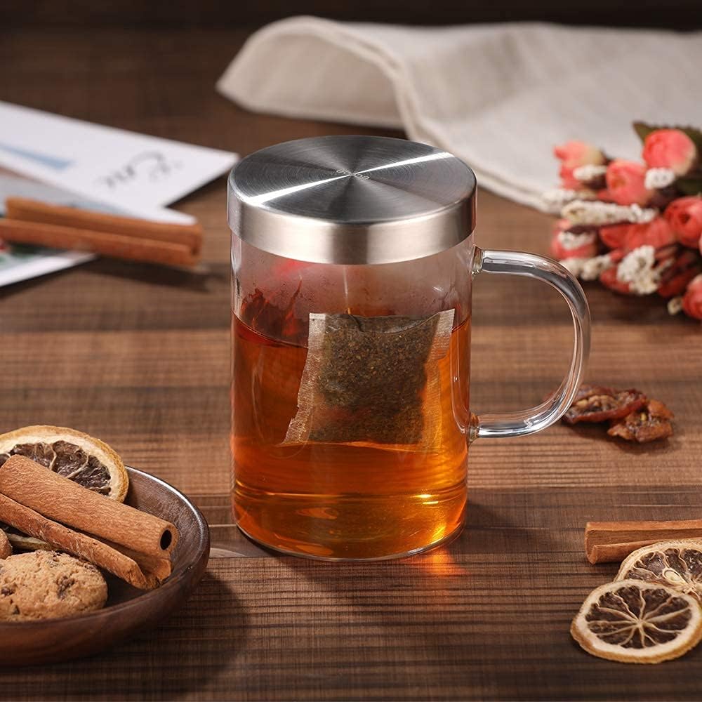 16.9 Oz Borosilicate Glass Tea Mug Cup Tea Glasses with Stainless Steel Infuser & Lid, Loose Leaf Glass Tea Cup Teacup 430mL Use Capacity