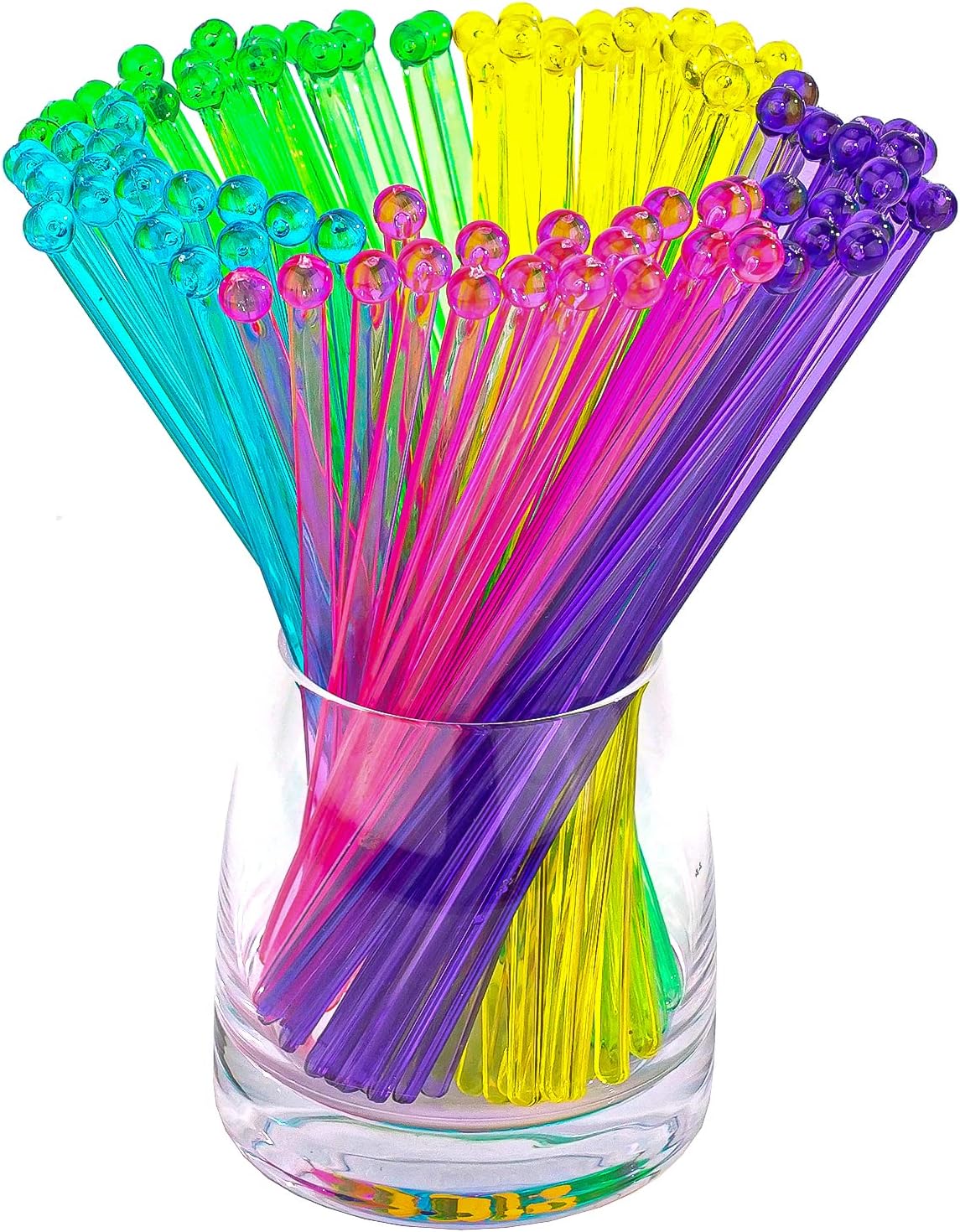 100-PCS 5 Colol Plastic Swizzle Sticks, Crystal Cake Pops, Cocktail Coffee Drink Stirrers, Stir Sticks, 7.24 Inch Pink, Yellow, Blue, Purple, Green
