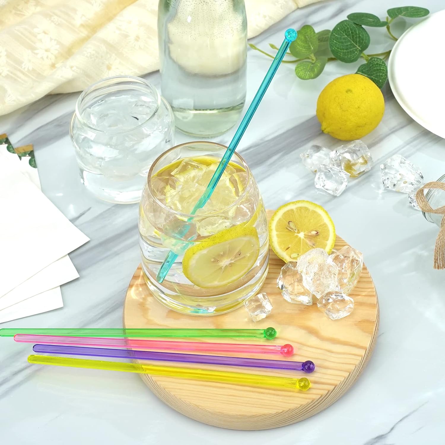 100-PCS 5 Colol Plastic Swizzle Sticks, Crystal Cake Pops, Cocktail Coffee Drink Stirrers, Stir Sticks, 7.24 Inch Pink, Yellow, Blue, Purple, Green