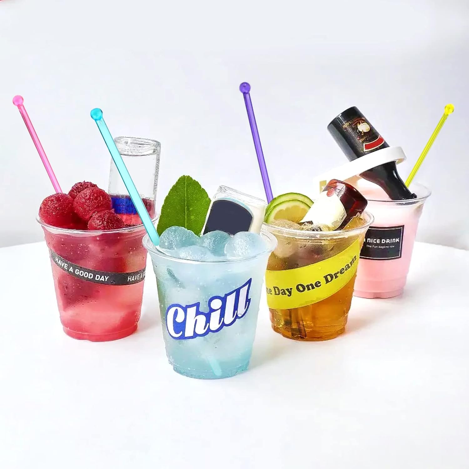 100-PCS 5 Colol Plastic Swizzle Sticks, Crystal Cake Pops, Cocktail Coffee Drink Stirrers, Stir Sticks, 7.24 Inch Pink, Yellow, Blue, Purple, Green