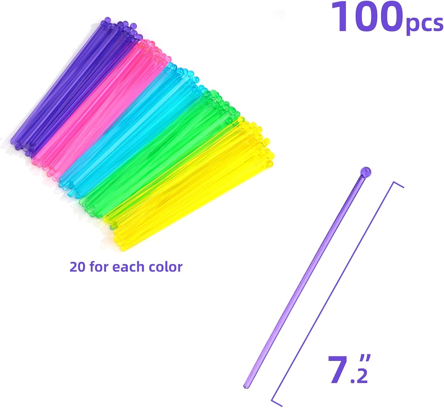100-PCS 5 Colol Plastic Swizzle Sticks, Crystal Cake Pops, Cocktail Coffee Drink Stirrers, Stir Sticks, 7.24 Inch Pink, Yellow, Blue, Purple, Green
