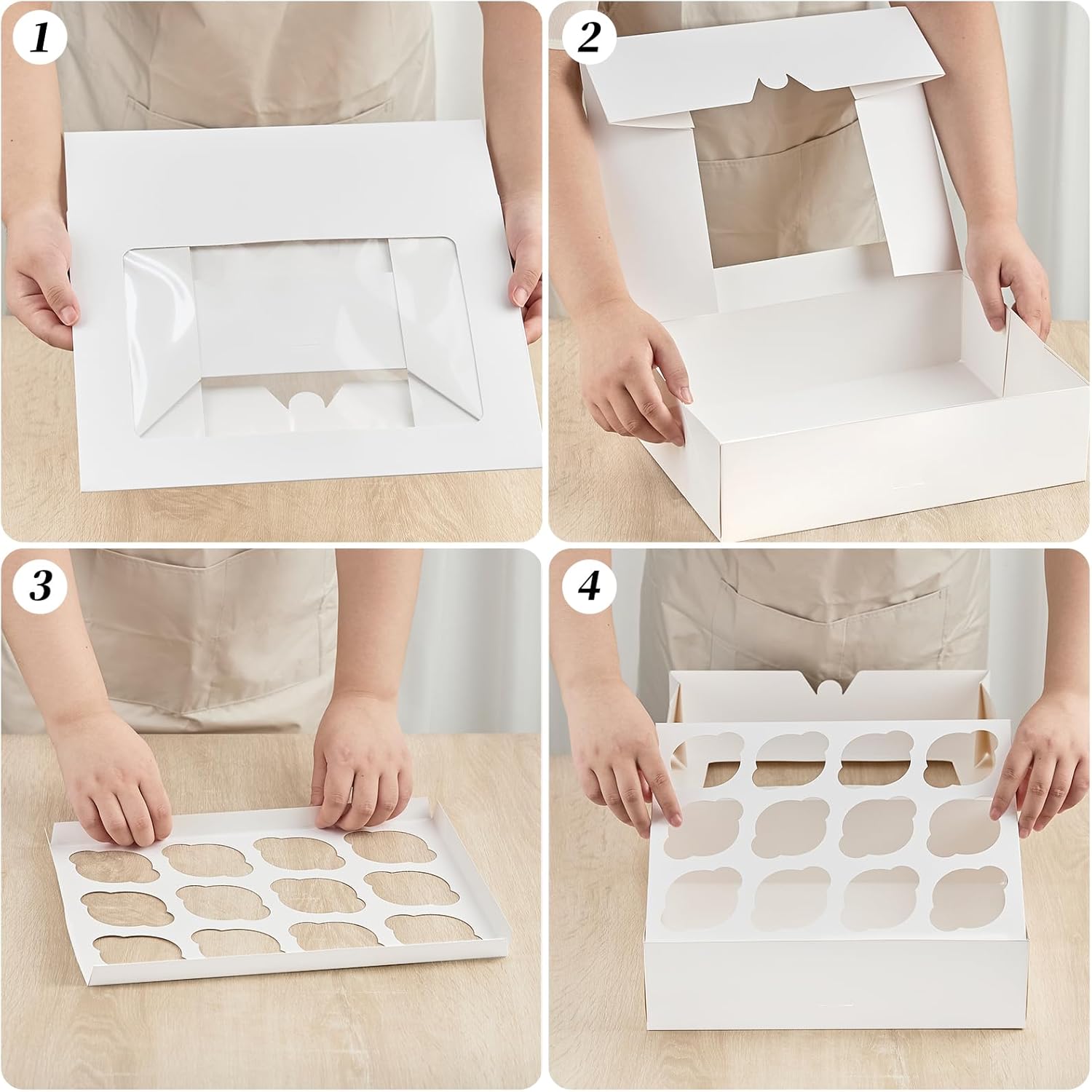 12 Count Cupcake Boxes, 12 Pack White Cupcake Containers with Windows and Inserts, Disposable Cupcake Carriers for Muffins, Treats, Pastries, 13 x 10 x 4 Inches