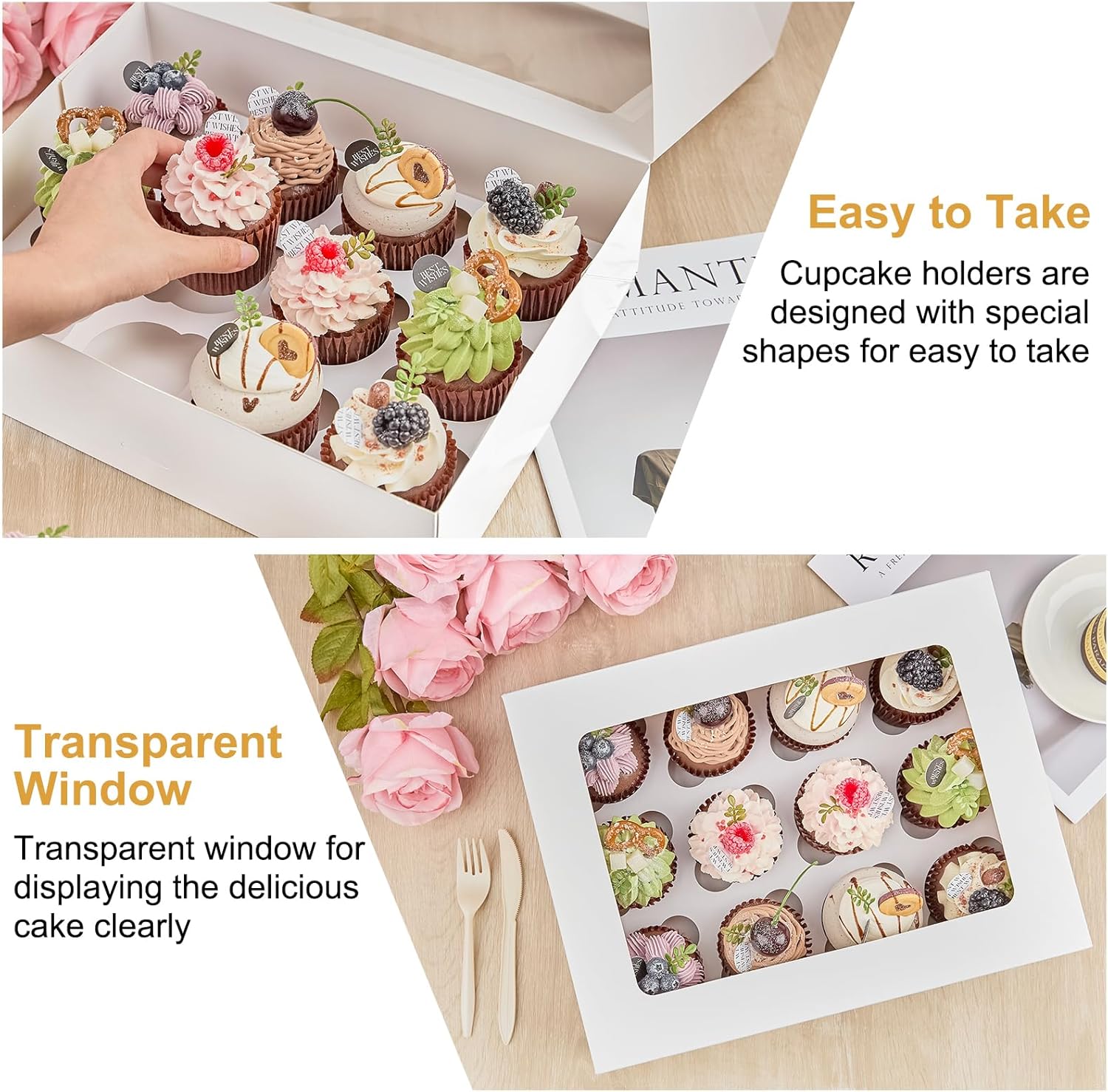 12 Count Cupcake Boxes, 12 Pack White Cupcake Containers with Windows and Inserts, Disposable Cupcake Carriers for Muffins, Treats, Pastries, 13 x 10 x 4 Inches